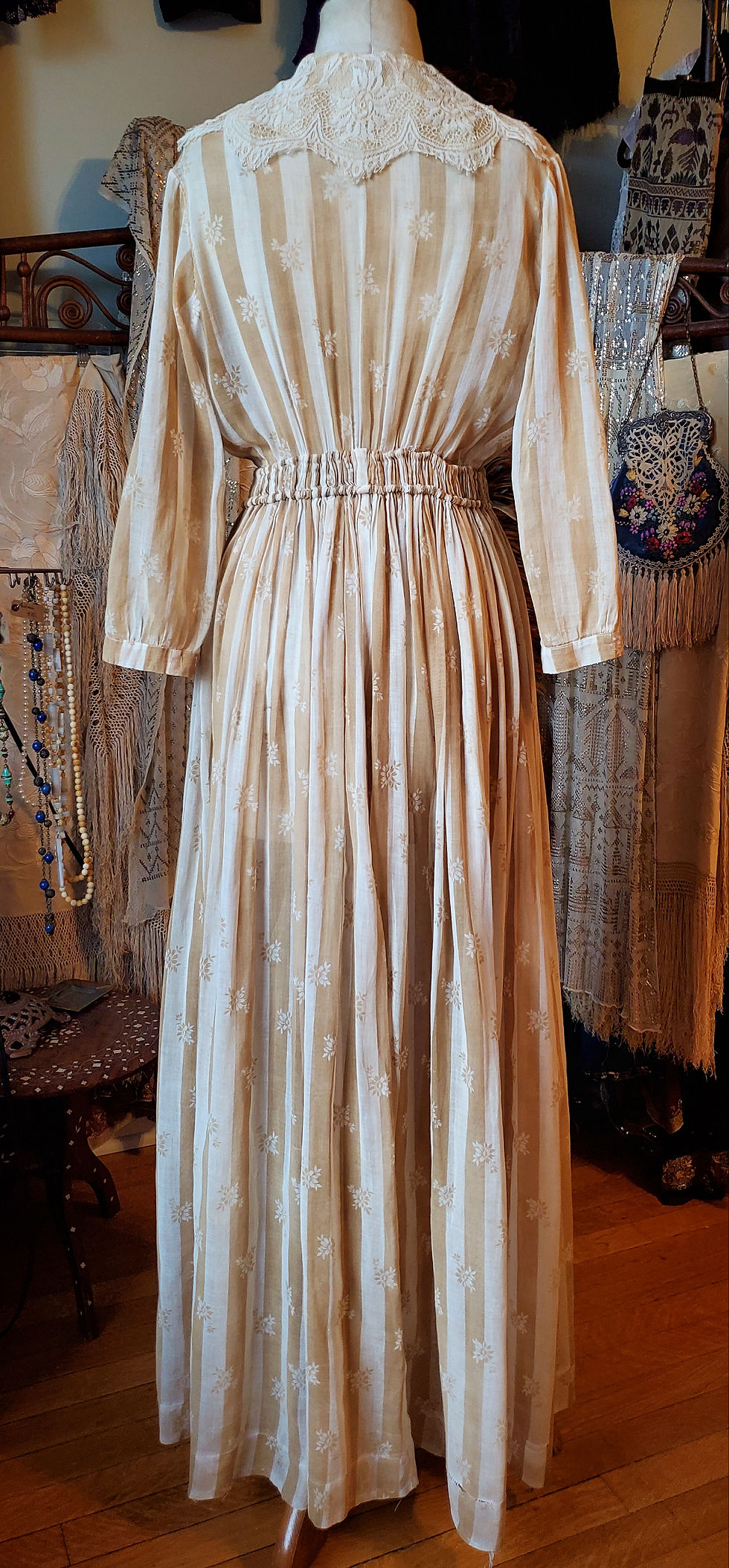Thumbnail: Beige and Cream Stripe Cotton Print Edwardian Day Dress