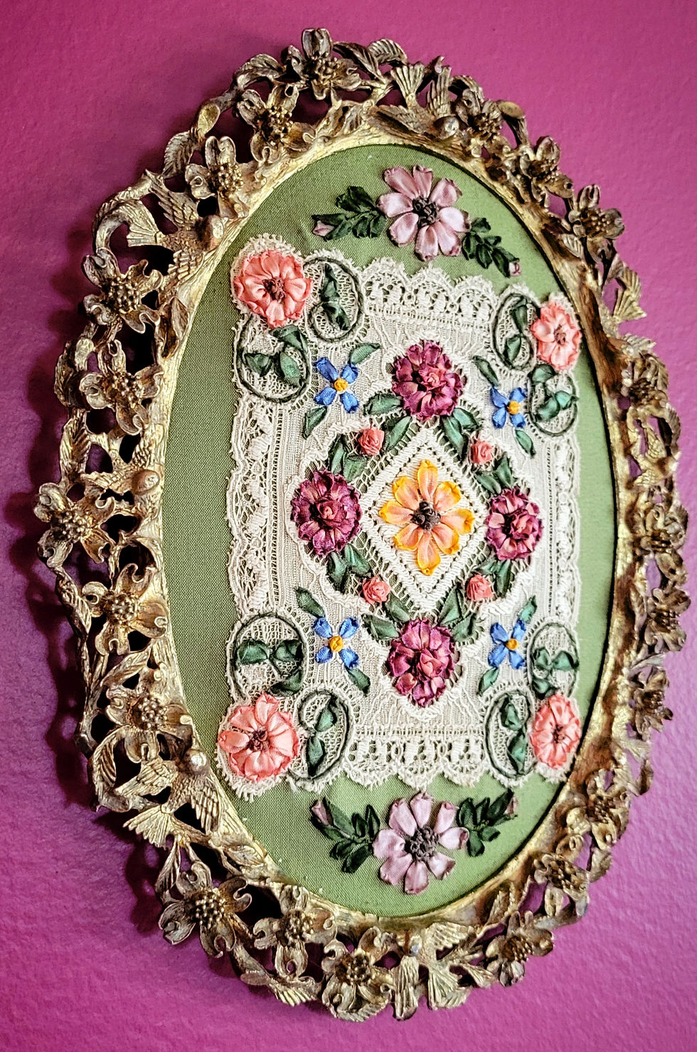 Thumbnail: Spring Garden Bouquet on Lace in Brass Frame
