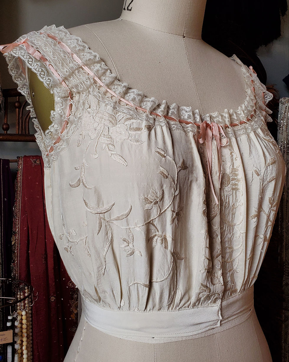 Thumbnail: Ivory and Pink Embroidered Silk Camisole 