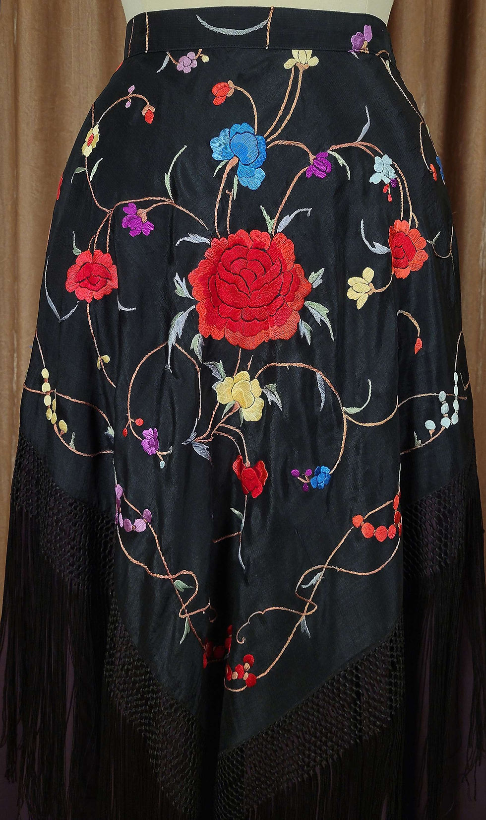 Thumbnail: Black and Colorful Florals Fringed Silk Shawl Skirt