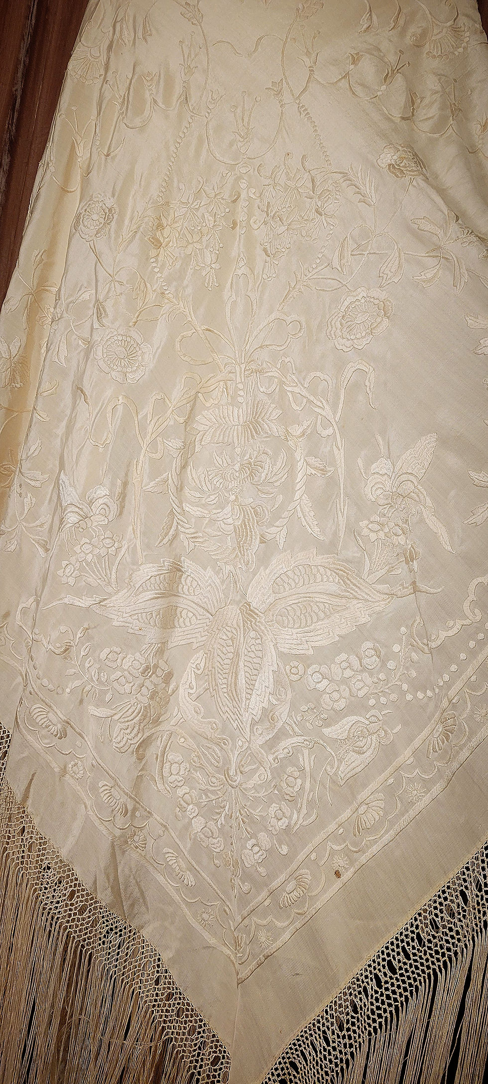 Thumbnail: 1920s Ivory Embroidered Silk Piano Shawl