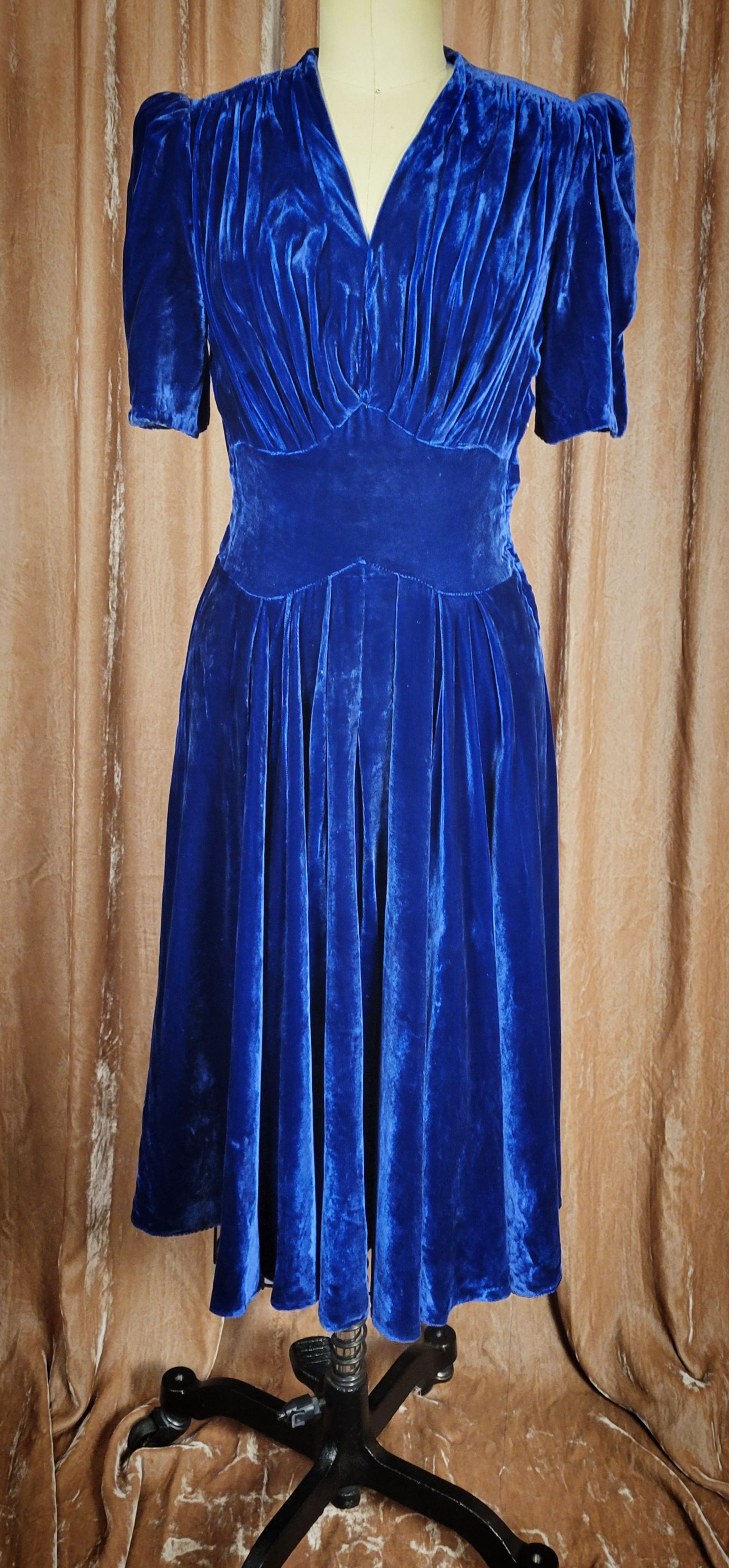 1930s Bright Sapphire Blue Silk Velvet Dress