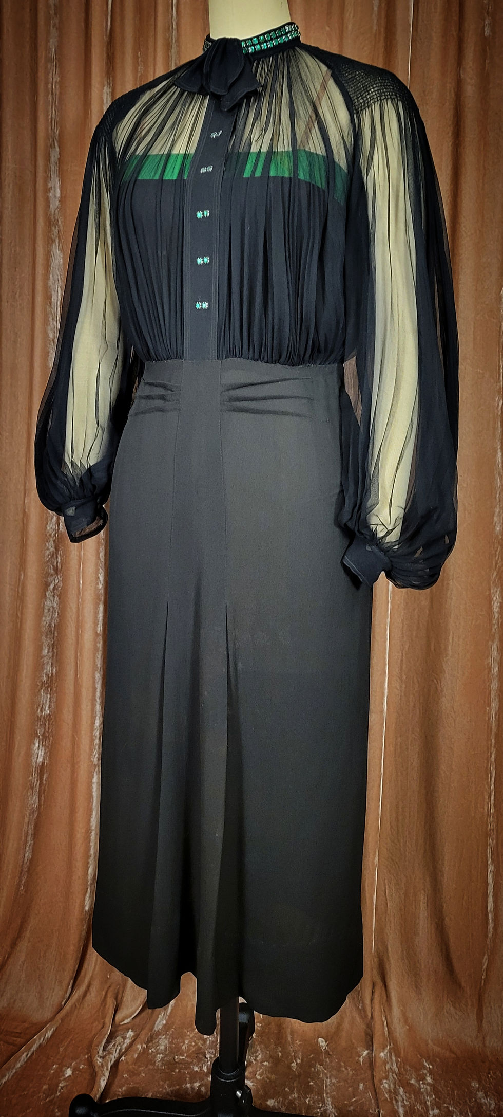 Thumbnail: 1930s Black Sheer and Green Contrast Dress