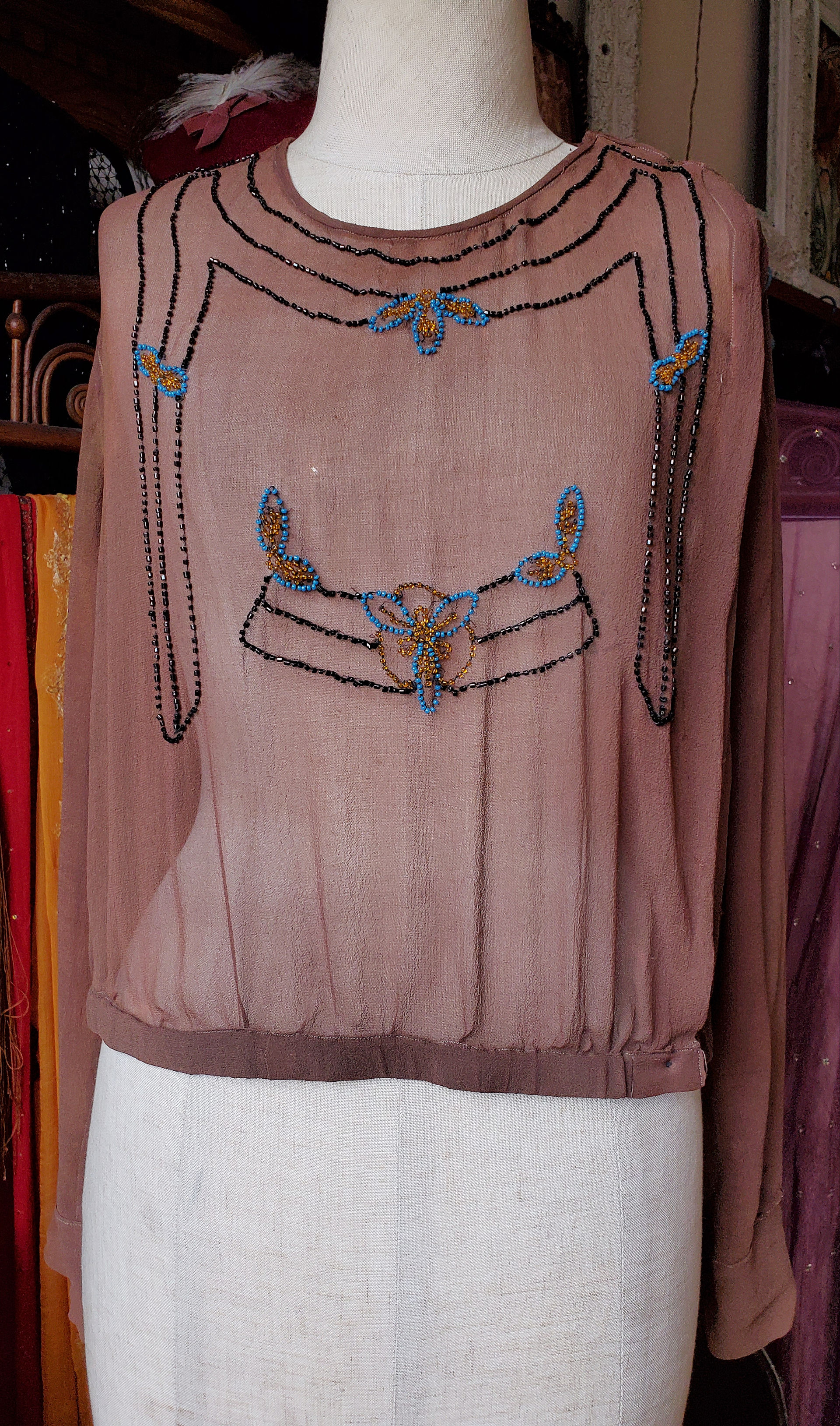 Beaded Brown Chiffon 1910s Blouse