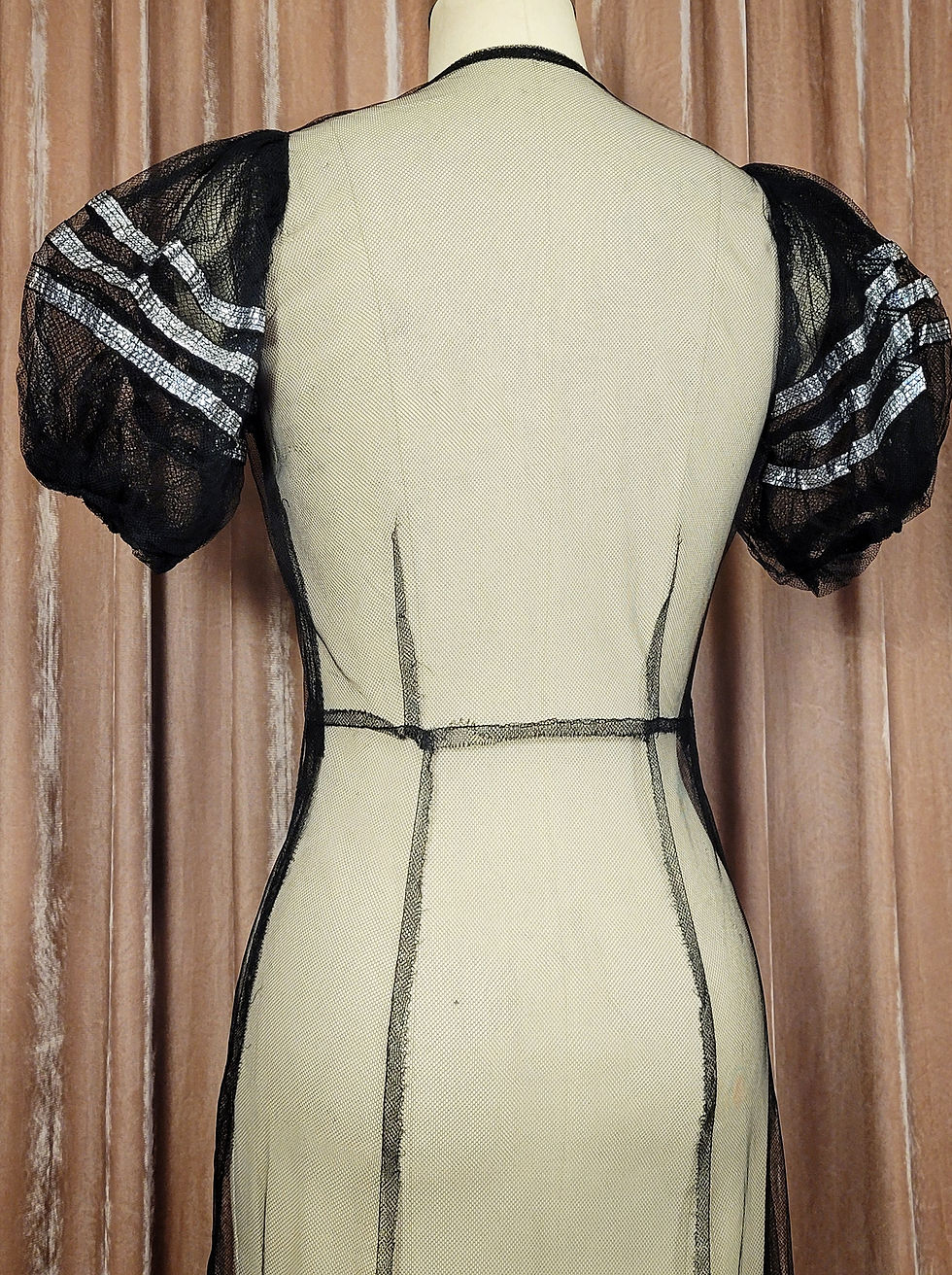 Thumbnail: 1930s Black Net Poof Sleeve Button Front Dress