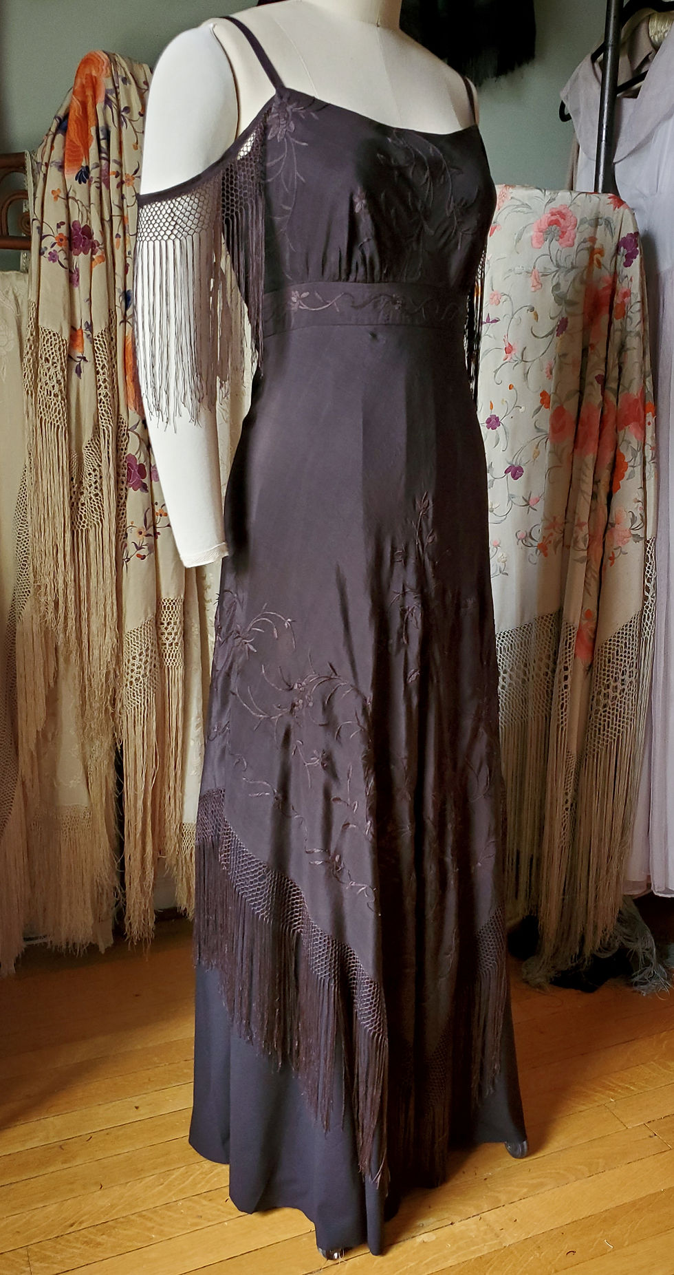 Thumbnail: Faded Black Fringed Silk Shawl Dress