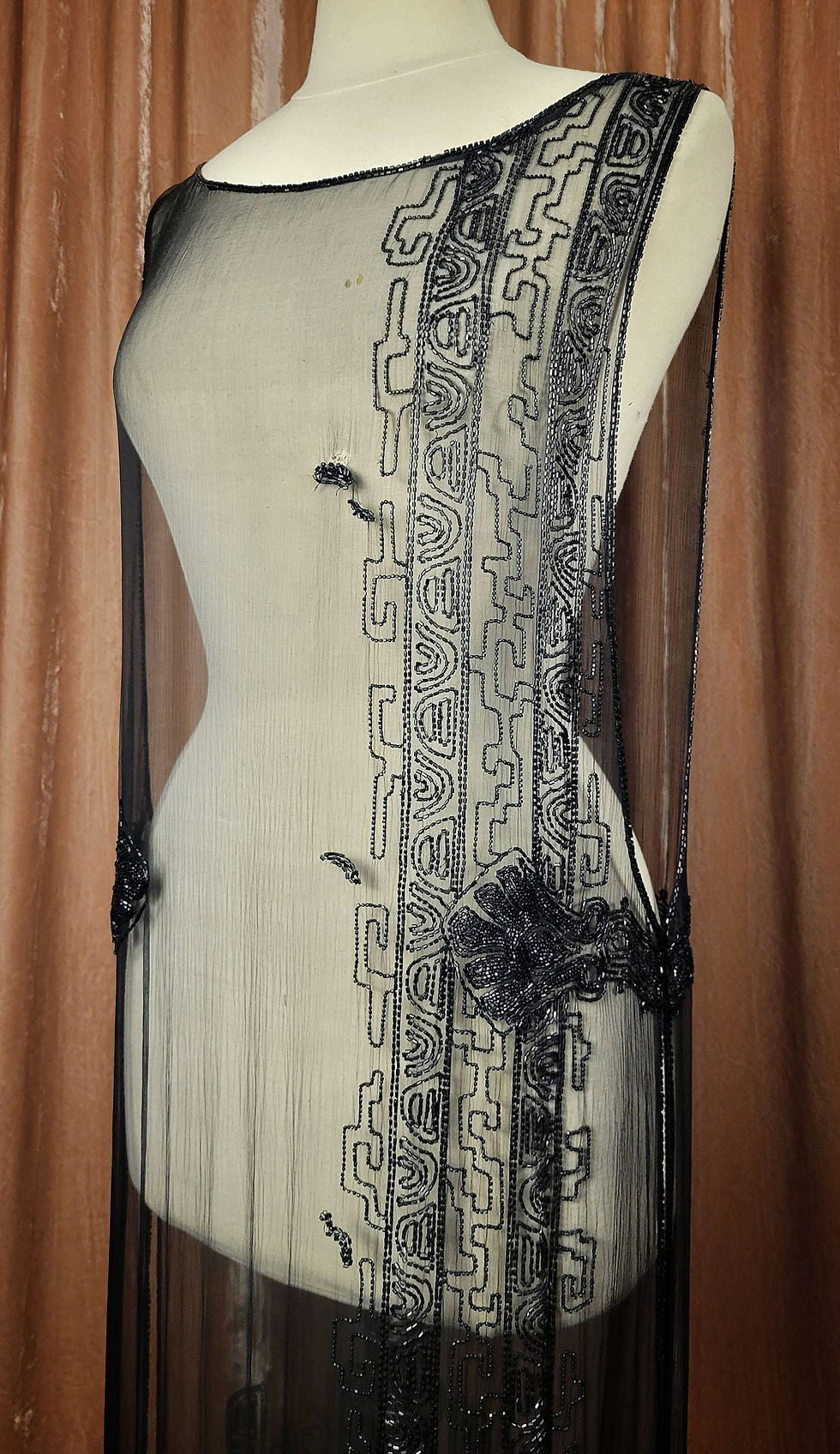 Thumbnail: 1920s Beaded Black Silk Chiffon Tabard Dress 
