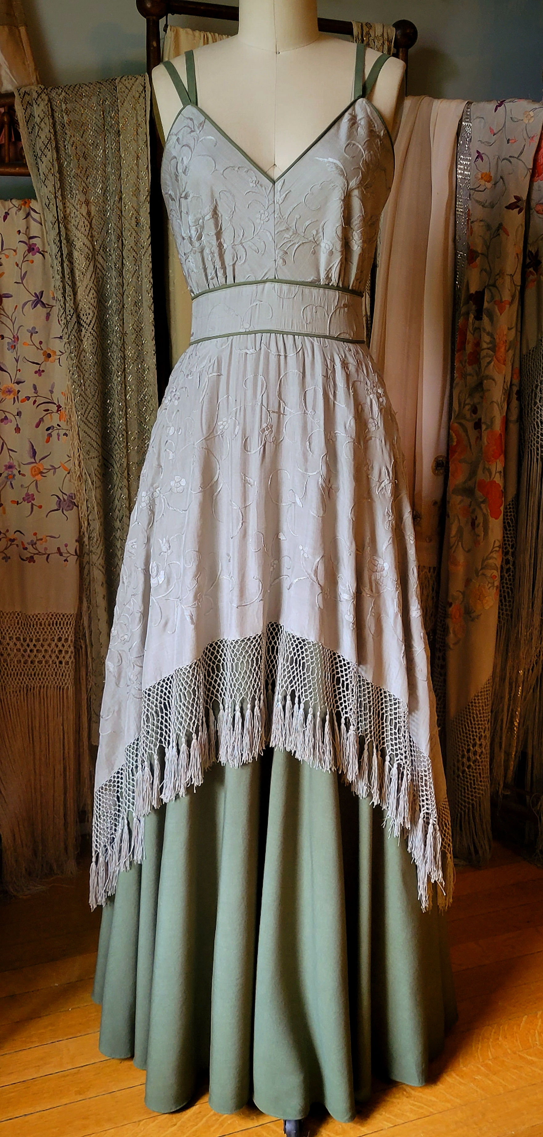 Faded Olive and Sage Fringed Silk Shawl Dress