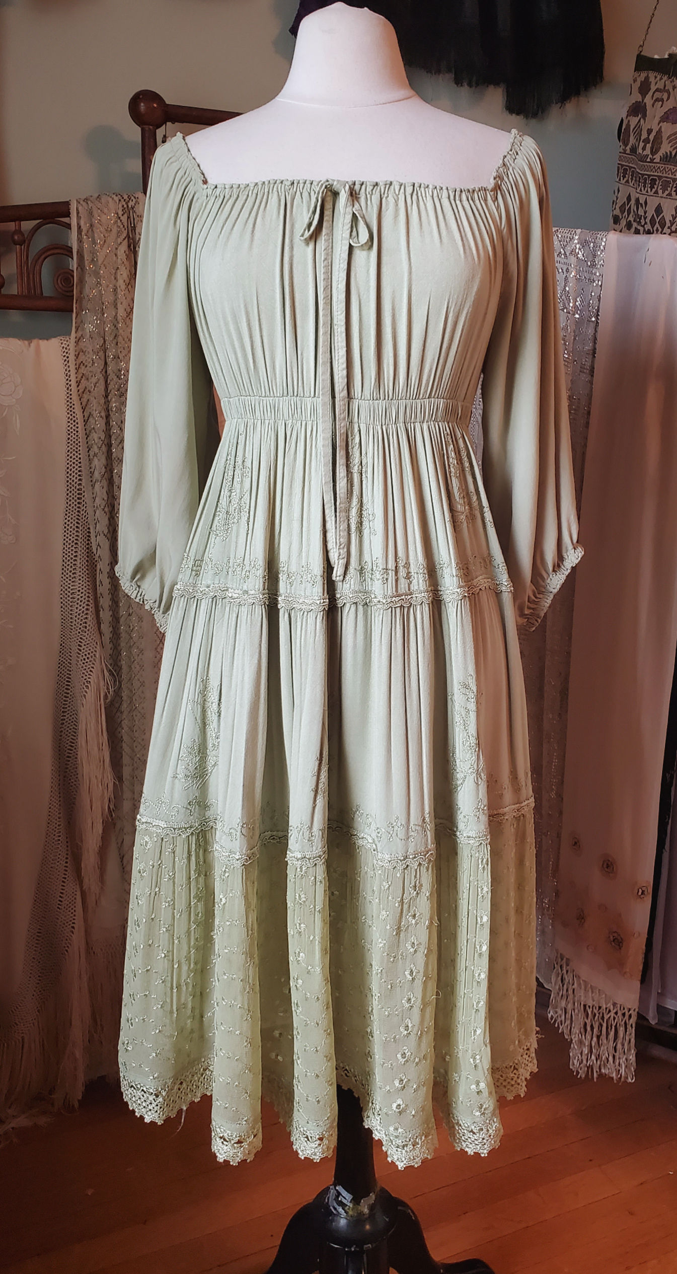 Pale Green Rayon Peasant Dress