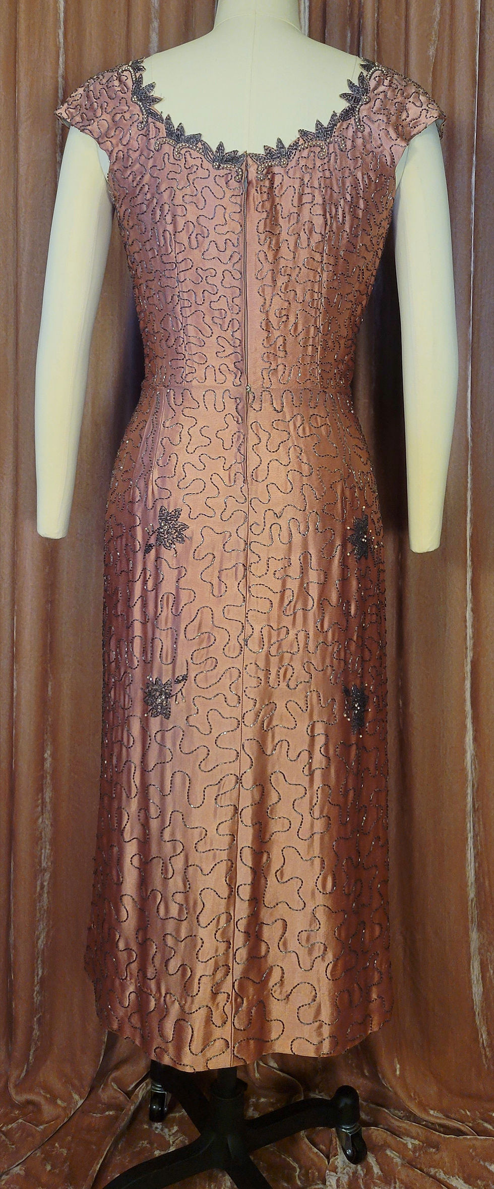 Thumbnail: 1950s Mauve Pink Beaded Satin Dress