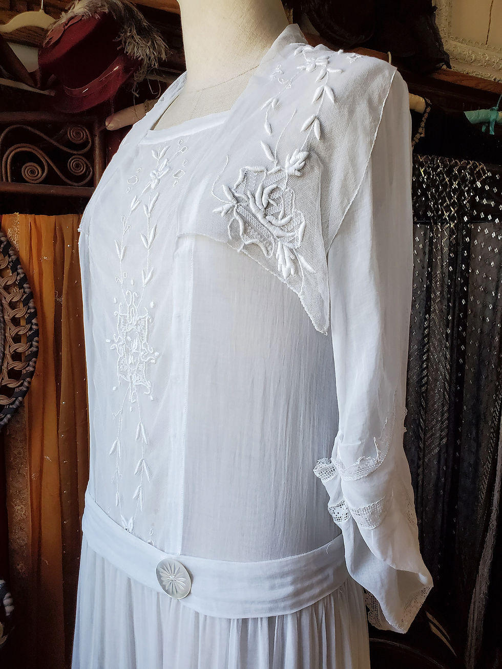 Thumbnail: 1920s White Voile and Embroidered Net Dress