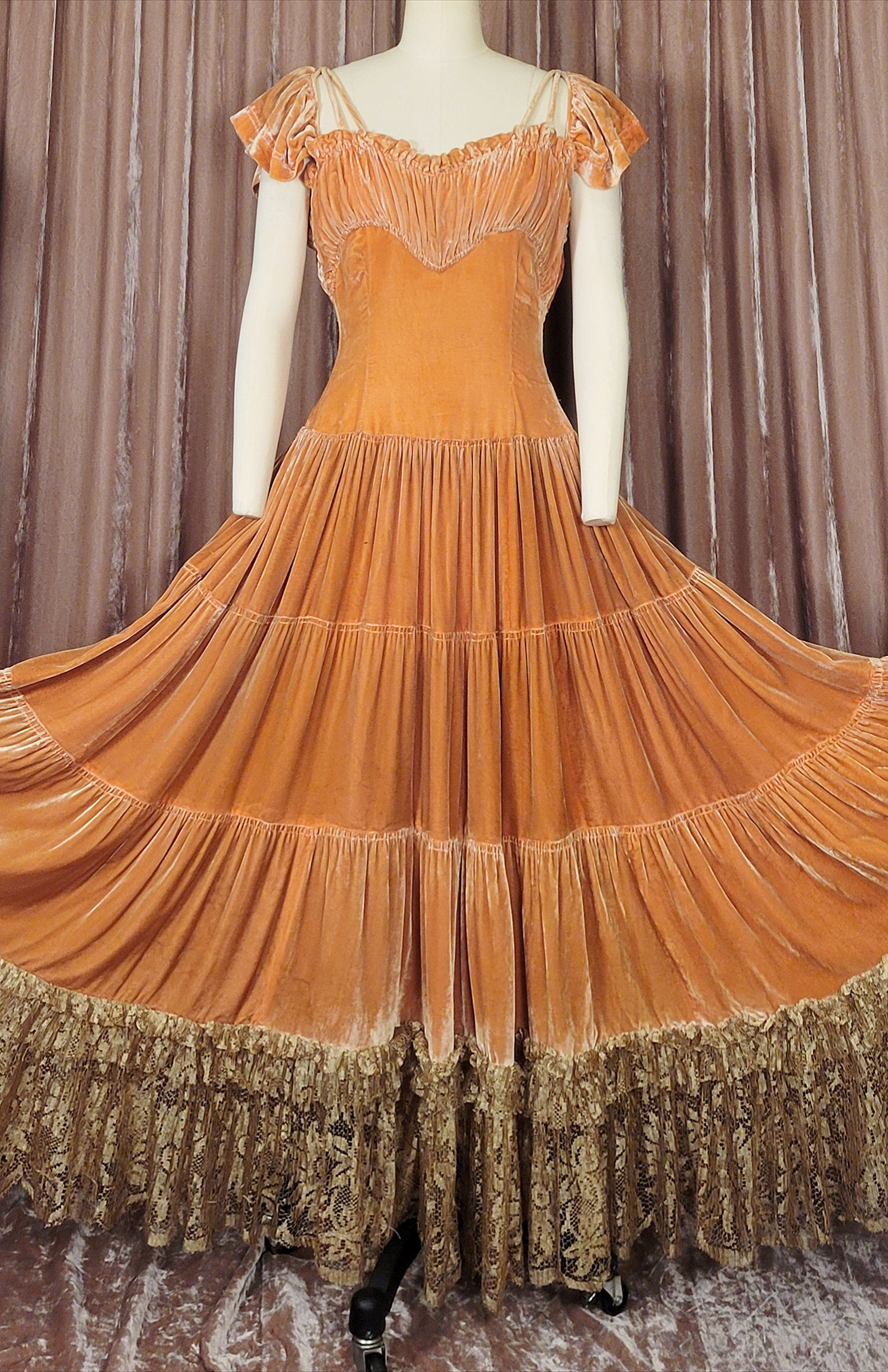 1930s Peachy Orange Silk Velvet Gown