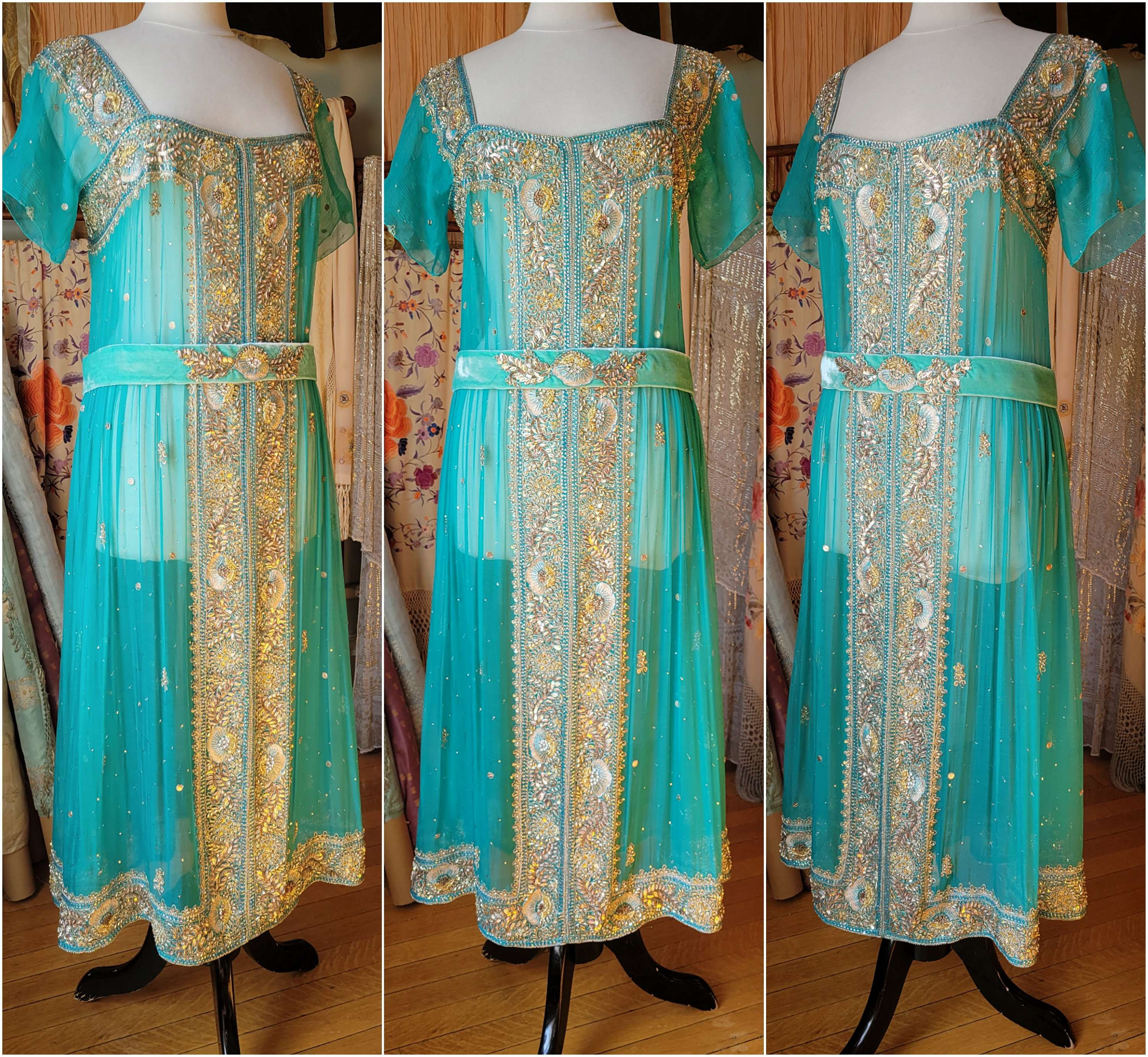 Aqua Silk Chiffon 1920s Style Gown