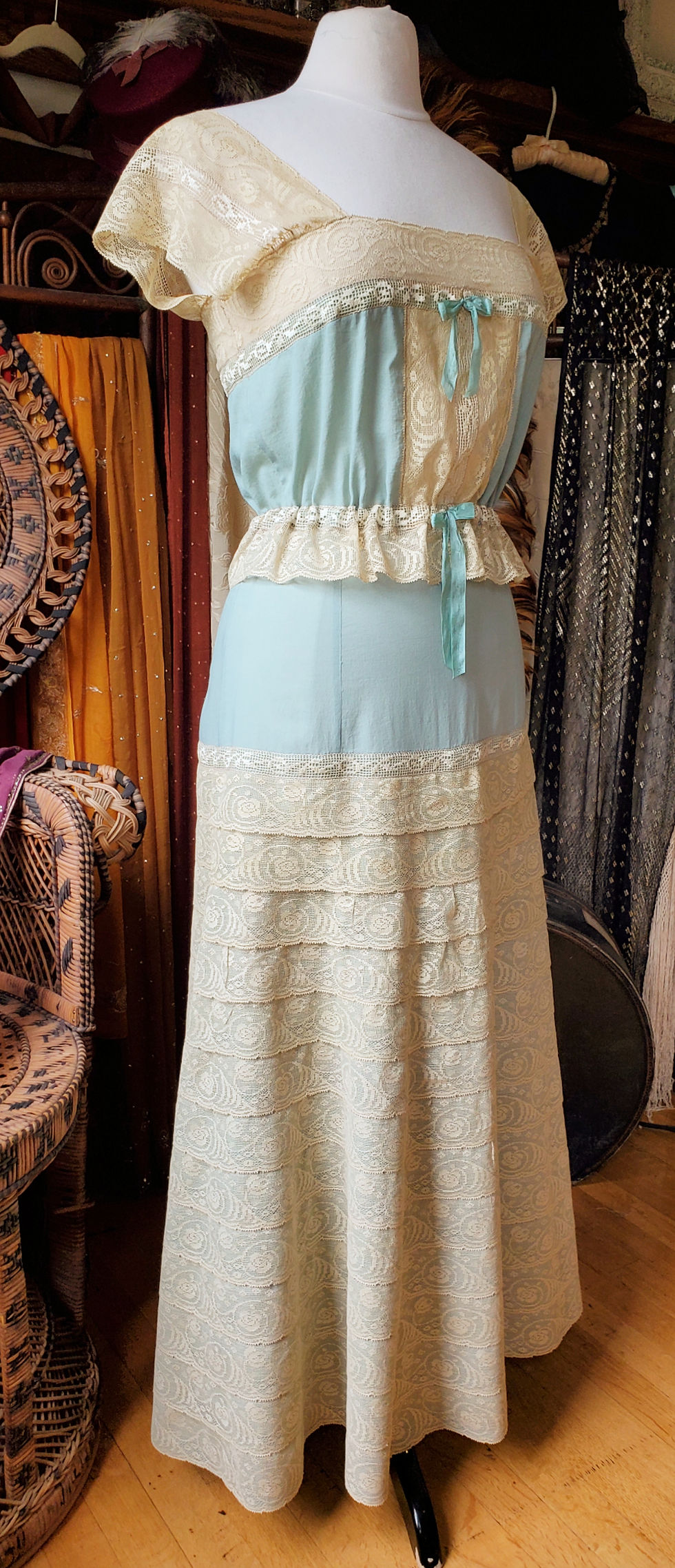 Thumbnail: Seafoam Green and Pale Gold Lace Two Piece Dress