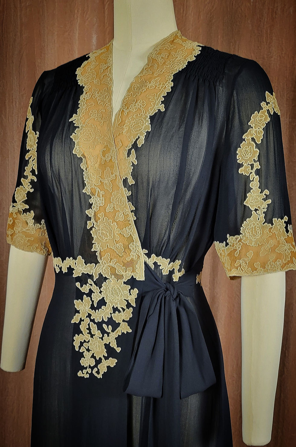 Thumbnail: 1930s Black Chiffon with Lace Dressing Gown