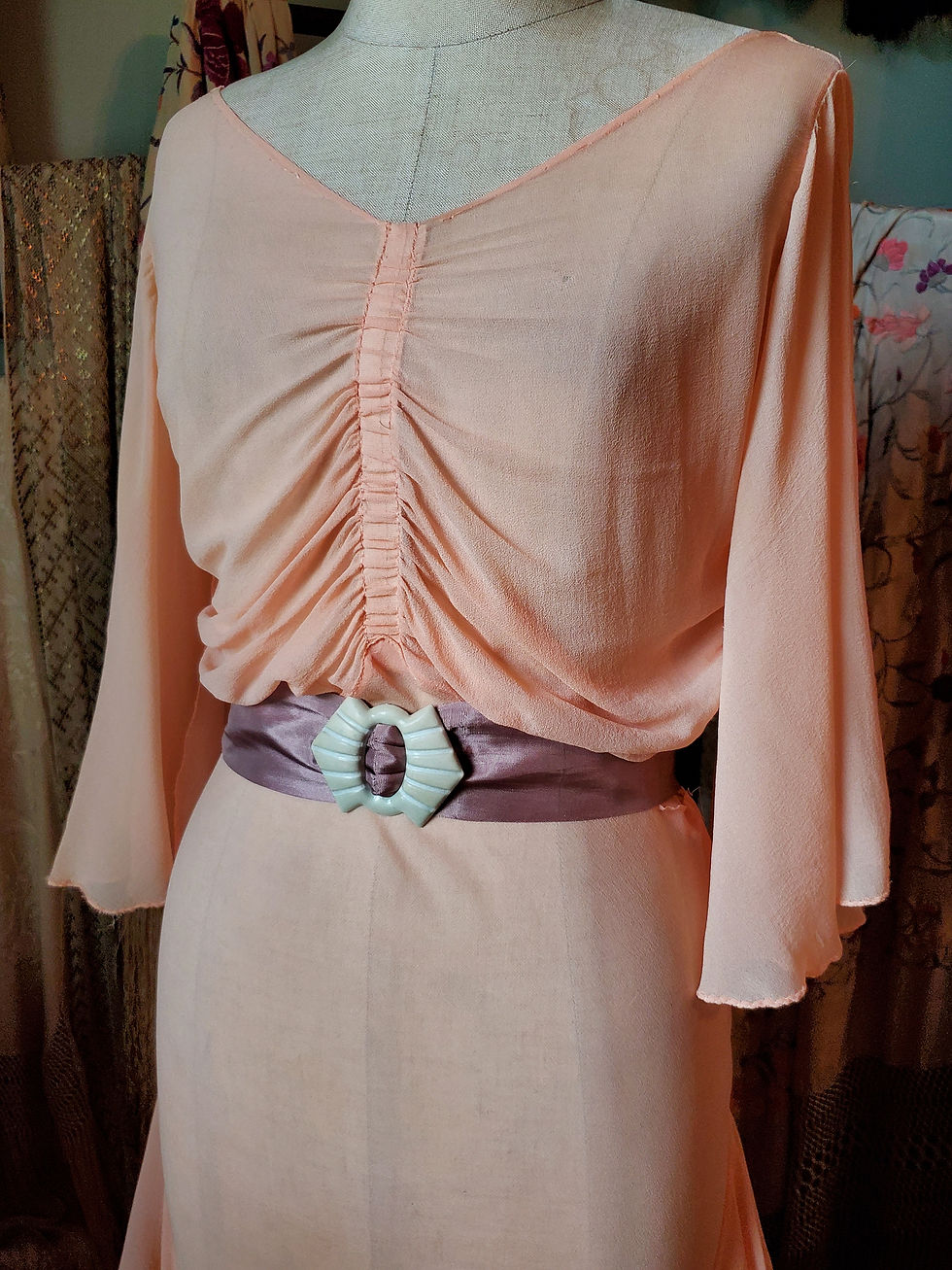 Thumbnail: 1930s Peach Chiffon Flounce Dress