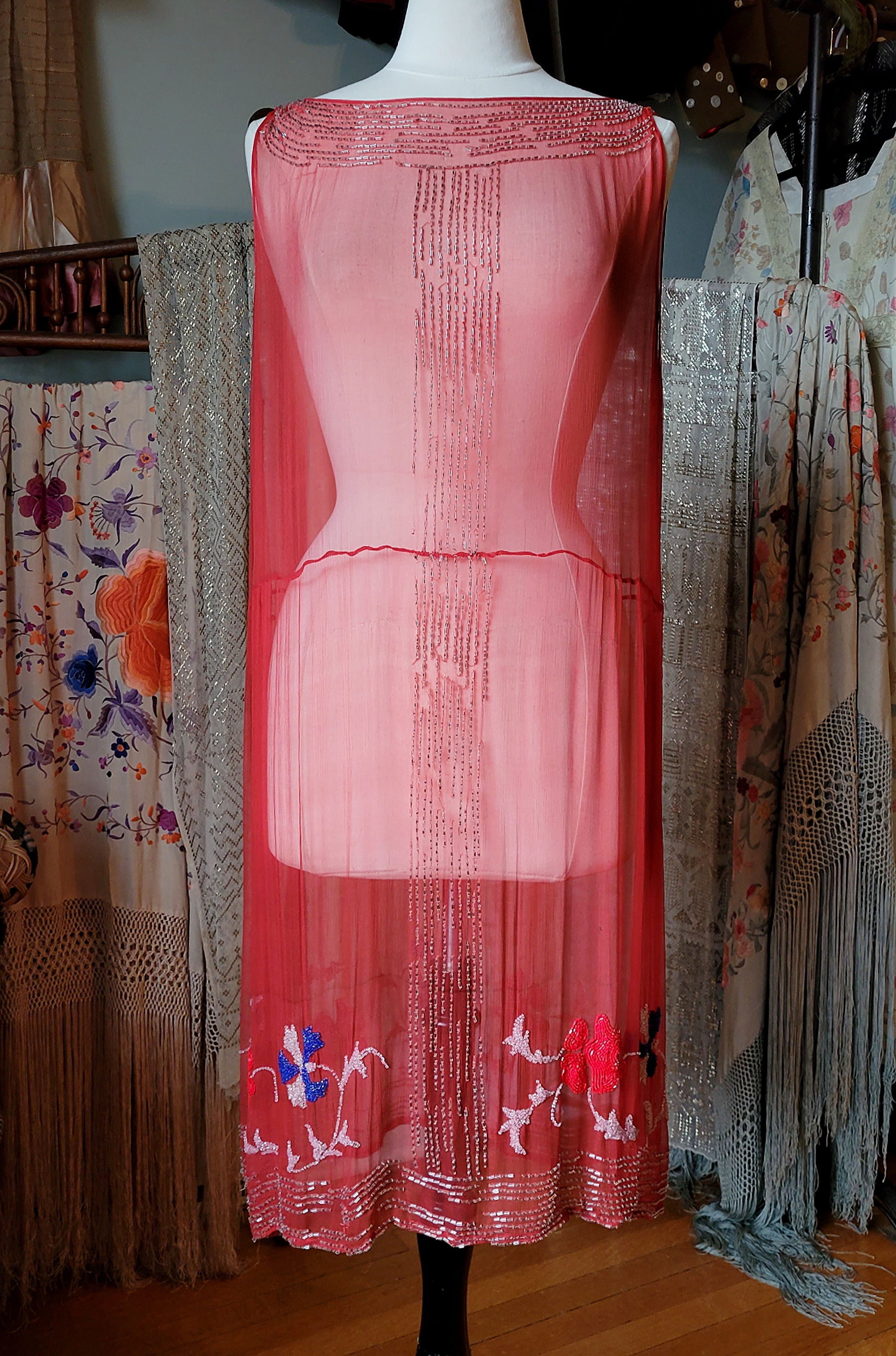1920s Red Chiffon Beaded Florals Dress