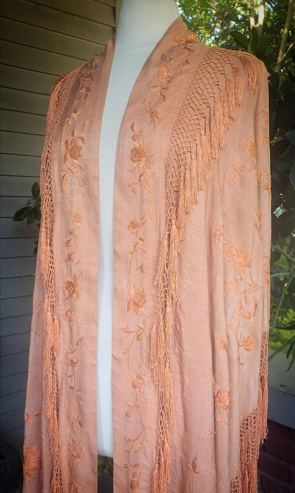 Thumbnail: 1910s Apricot Silk Tassle Fringe Shawl