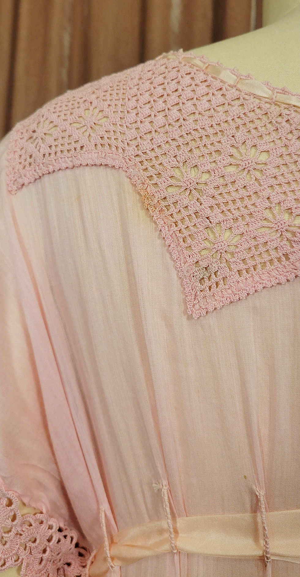Thumbnail: 1910s Pink Cotton Crochet Yoke Nightgown 