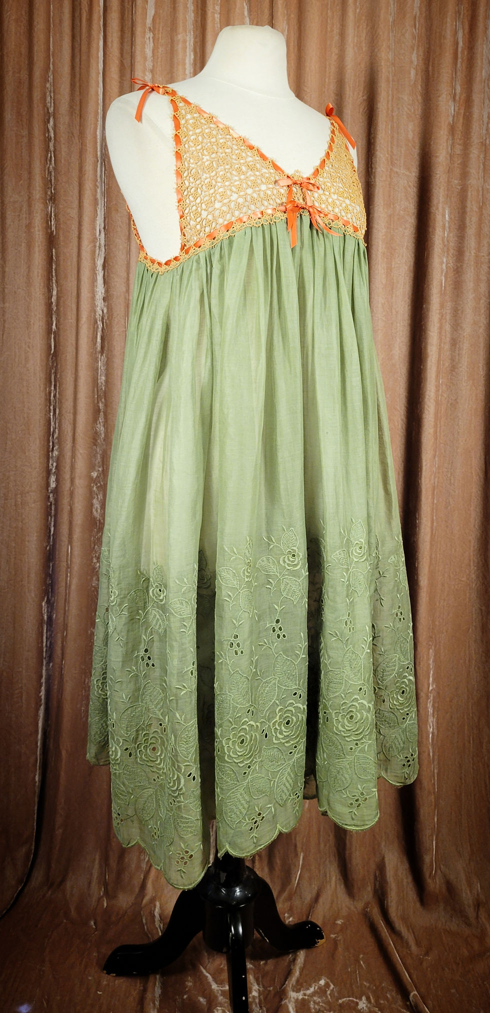 Thumbnail: Sage Green Embroidered Chemise With Tatted Yoke 