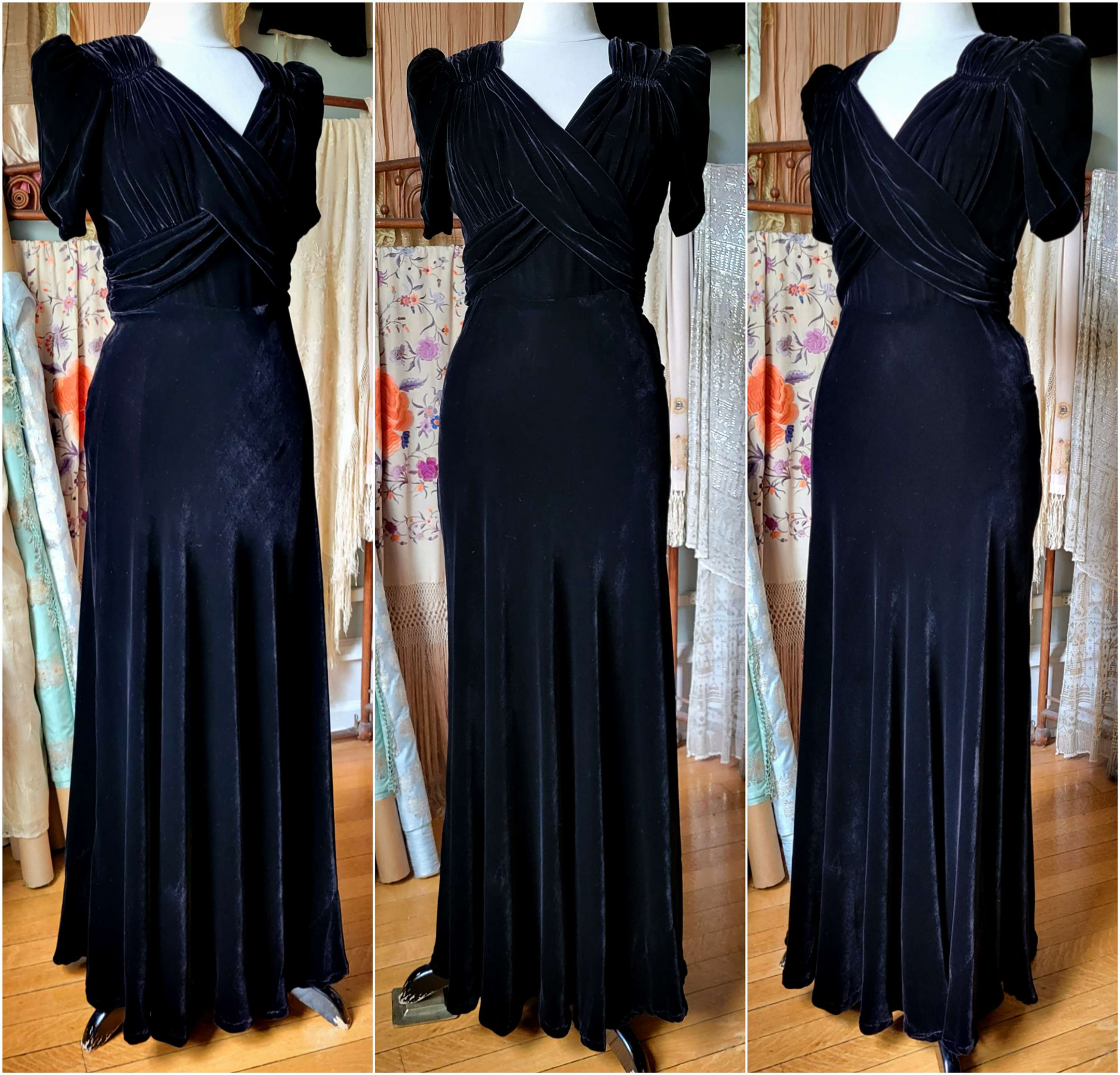 1940s Black Velvet Drape Front Gown