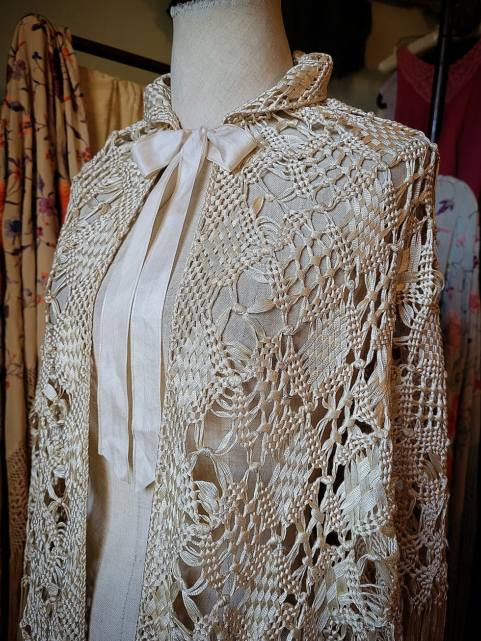Thumbnail: Ivory Silk Ribbon Macrame Shawl
