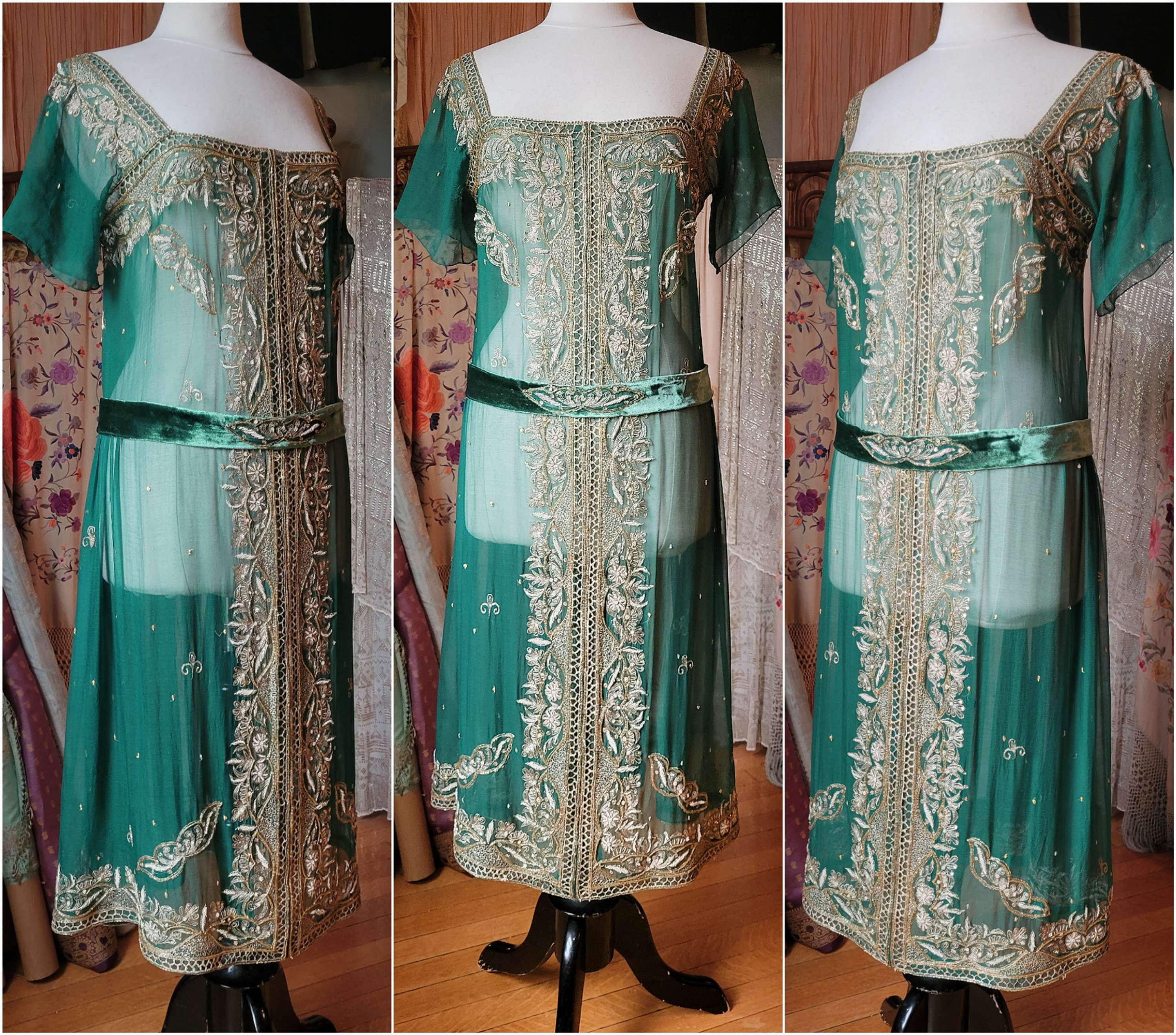 Bottle Green Silk Chiffon 1920s Style Gown