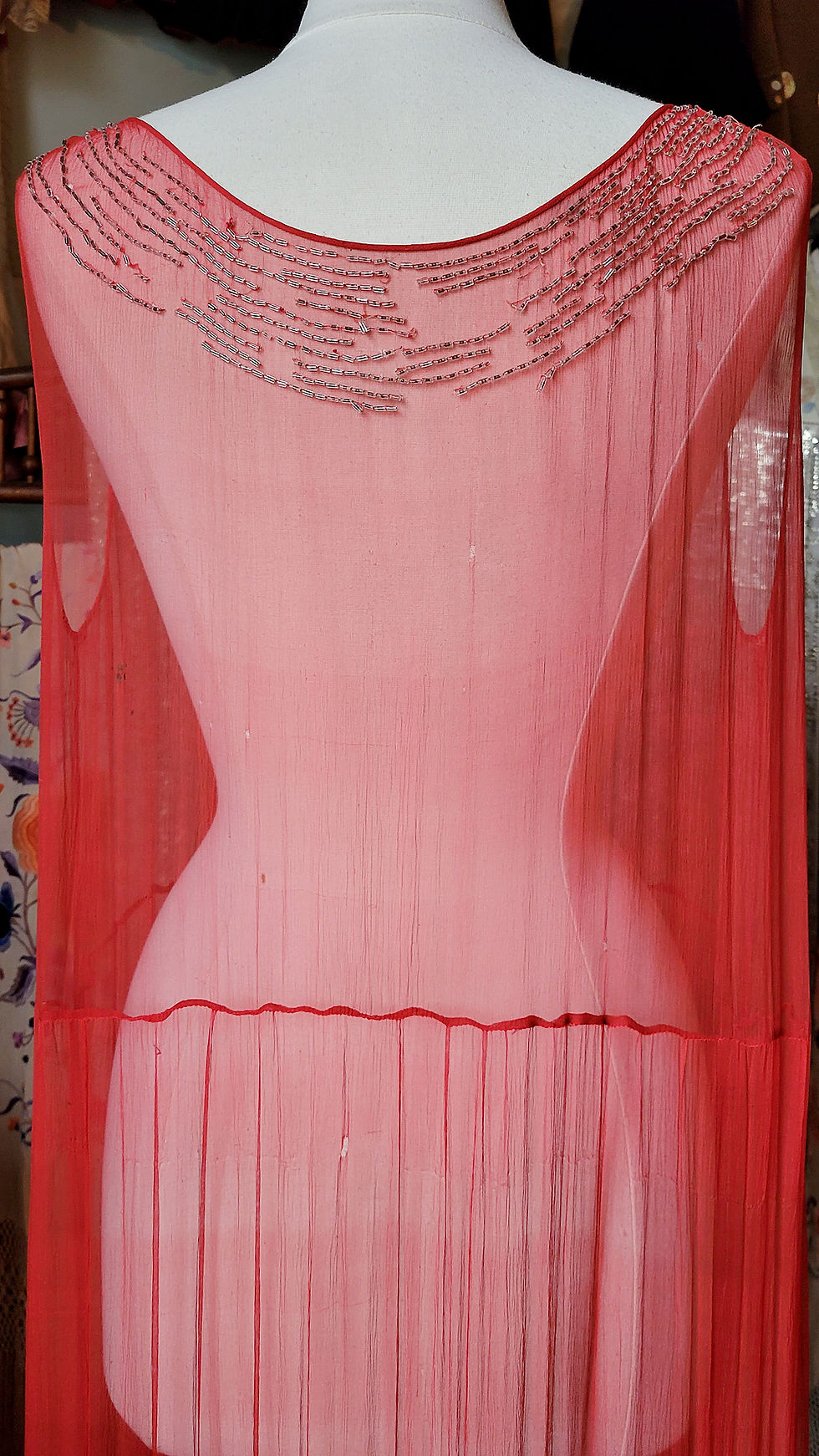 Thumbnail: 1920s Red Chiffon Beaded Florals Dress 