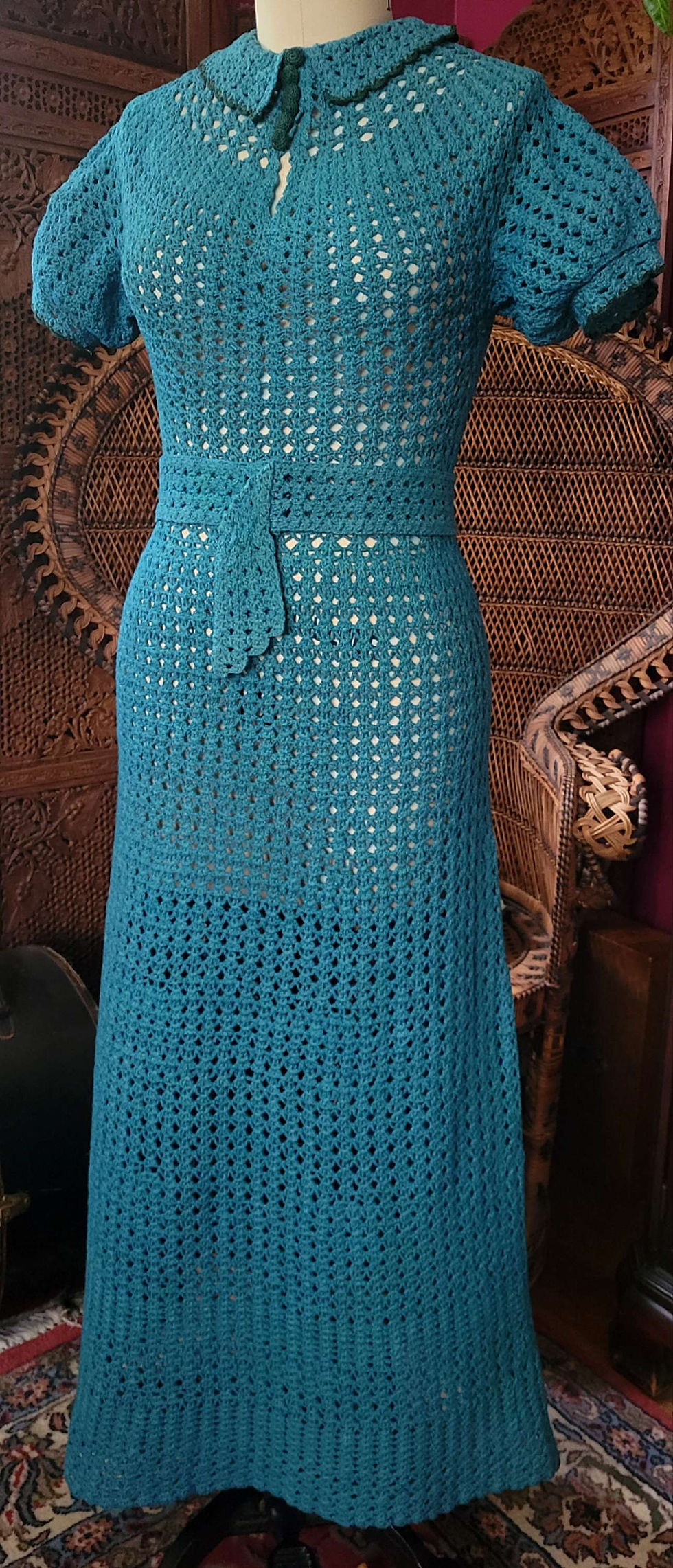 Thumbnail: 1930s Teal Crochet Dress