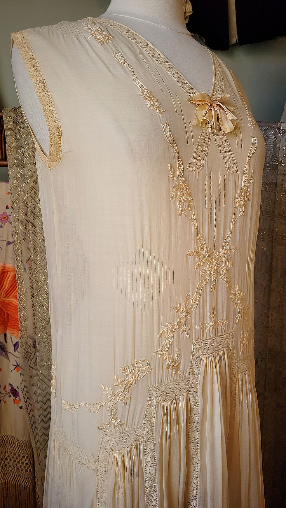 Thumbnail: Pale Gold Embroidered Sheer Cotton 1920s Dress