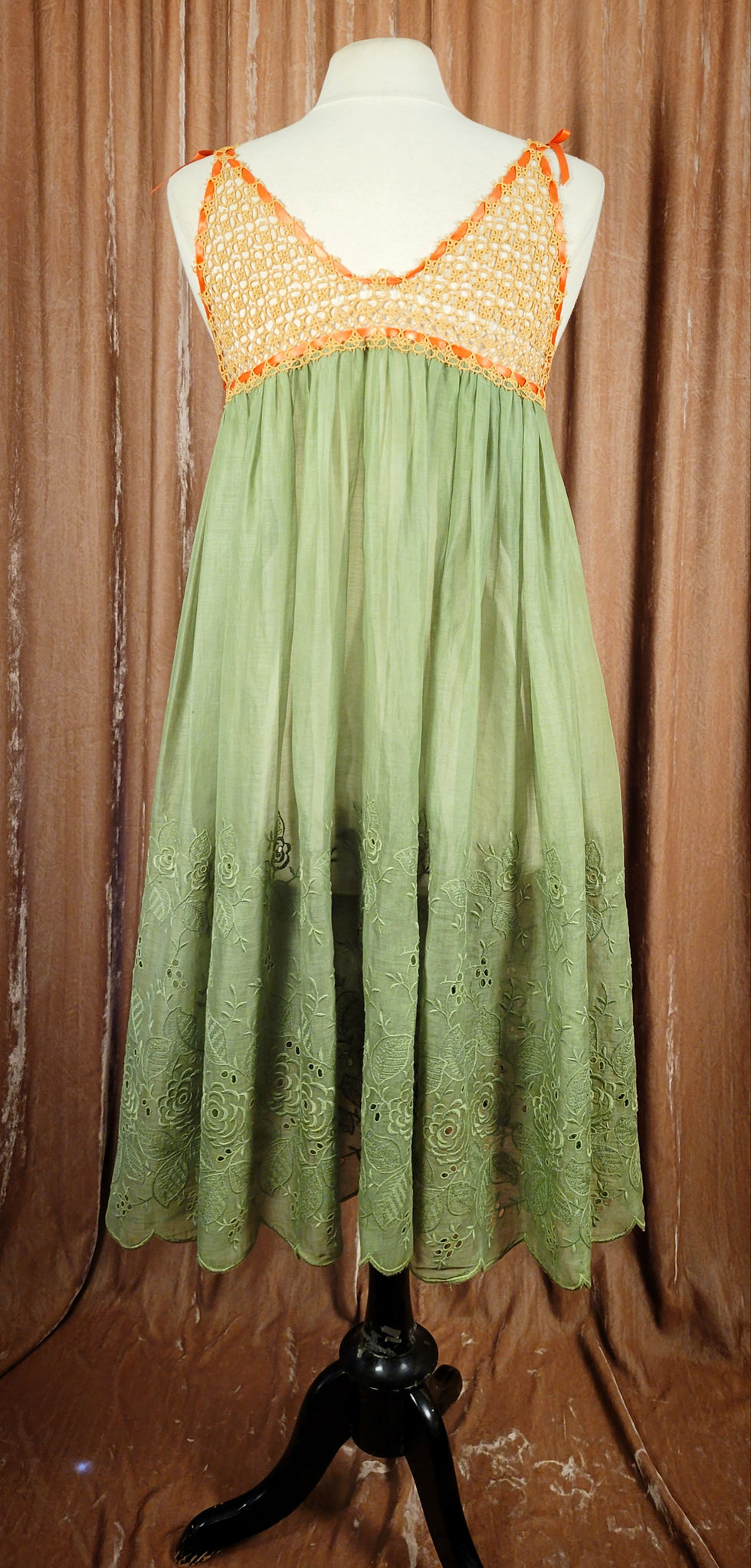 Thumbnail: Sage Green Embroidered Chemise With Tatted Yoke 