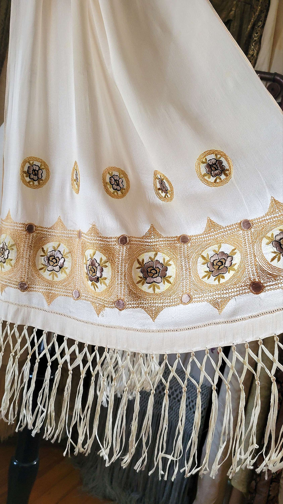 Thumbnail: 1920s Ivory Embroidered Silk Scarf