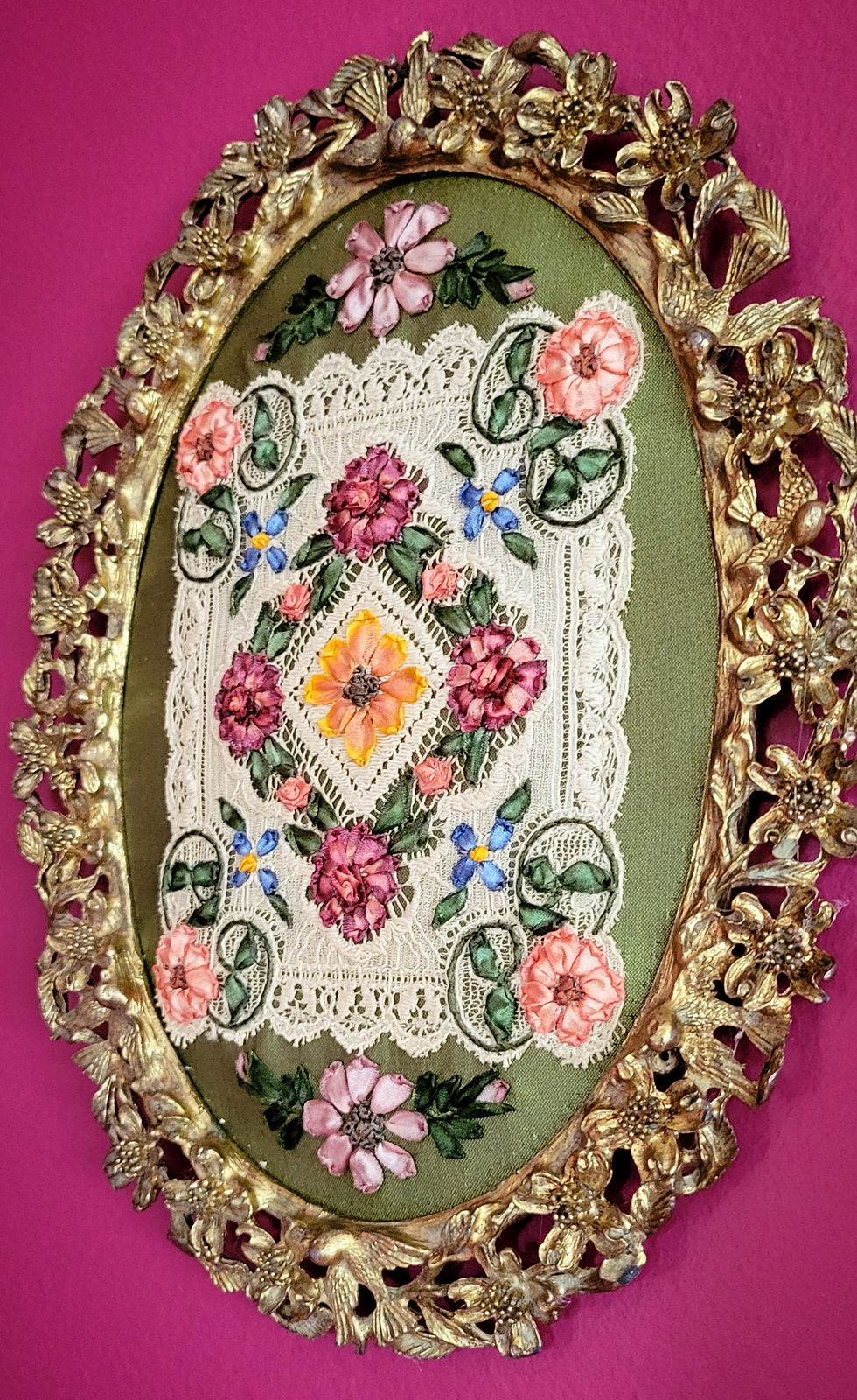 Thumbnail: Spring Garden Bouquet on Lace in Brass Frame