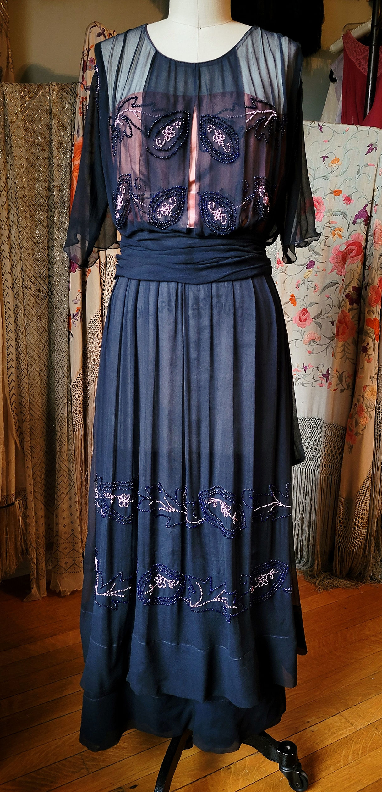 Black Chiffon Pink Beads Early 1920s Dress