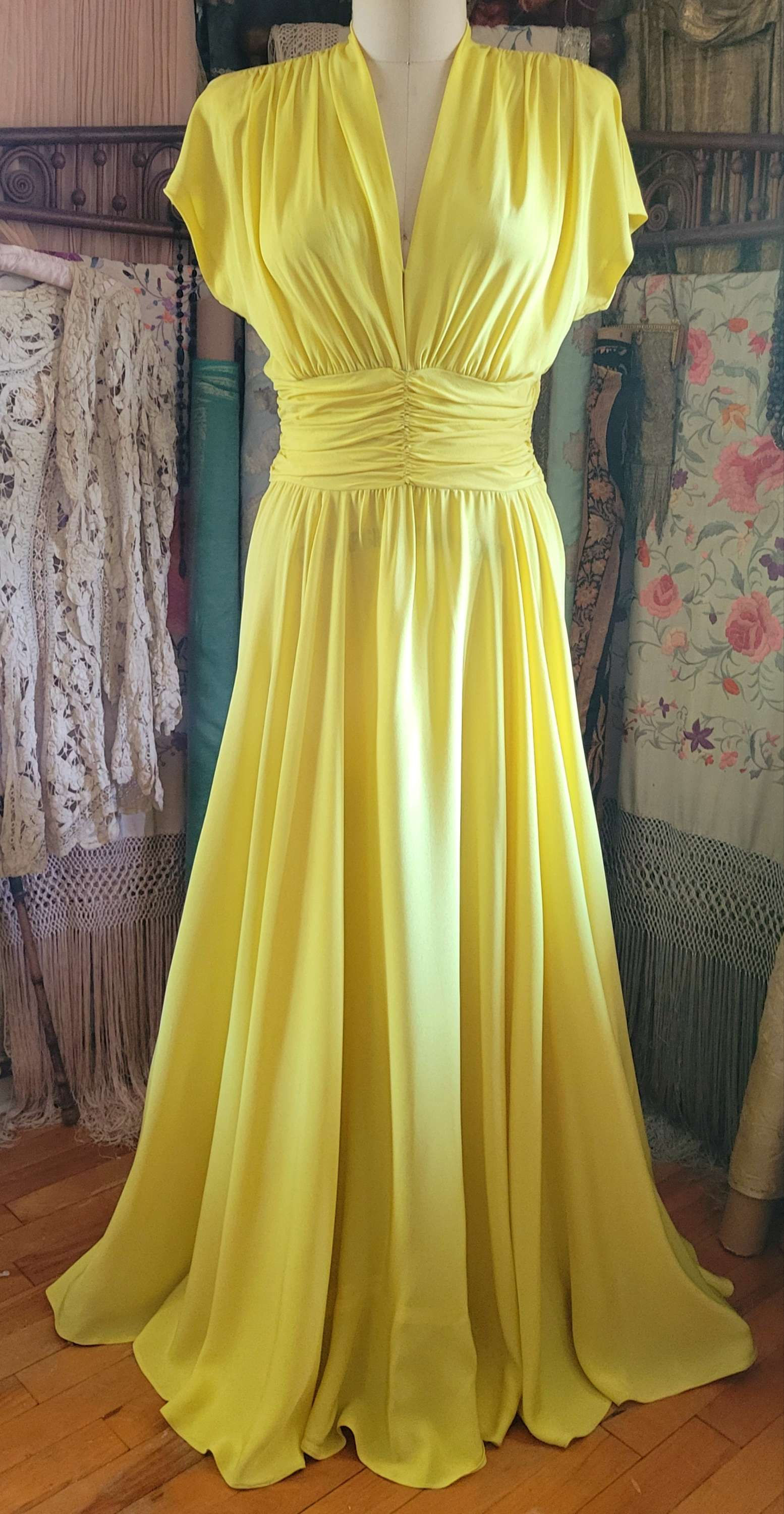 1940s Eleanor Green Lemon Yellow Gown