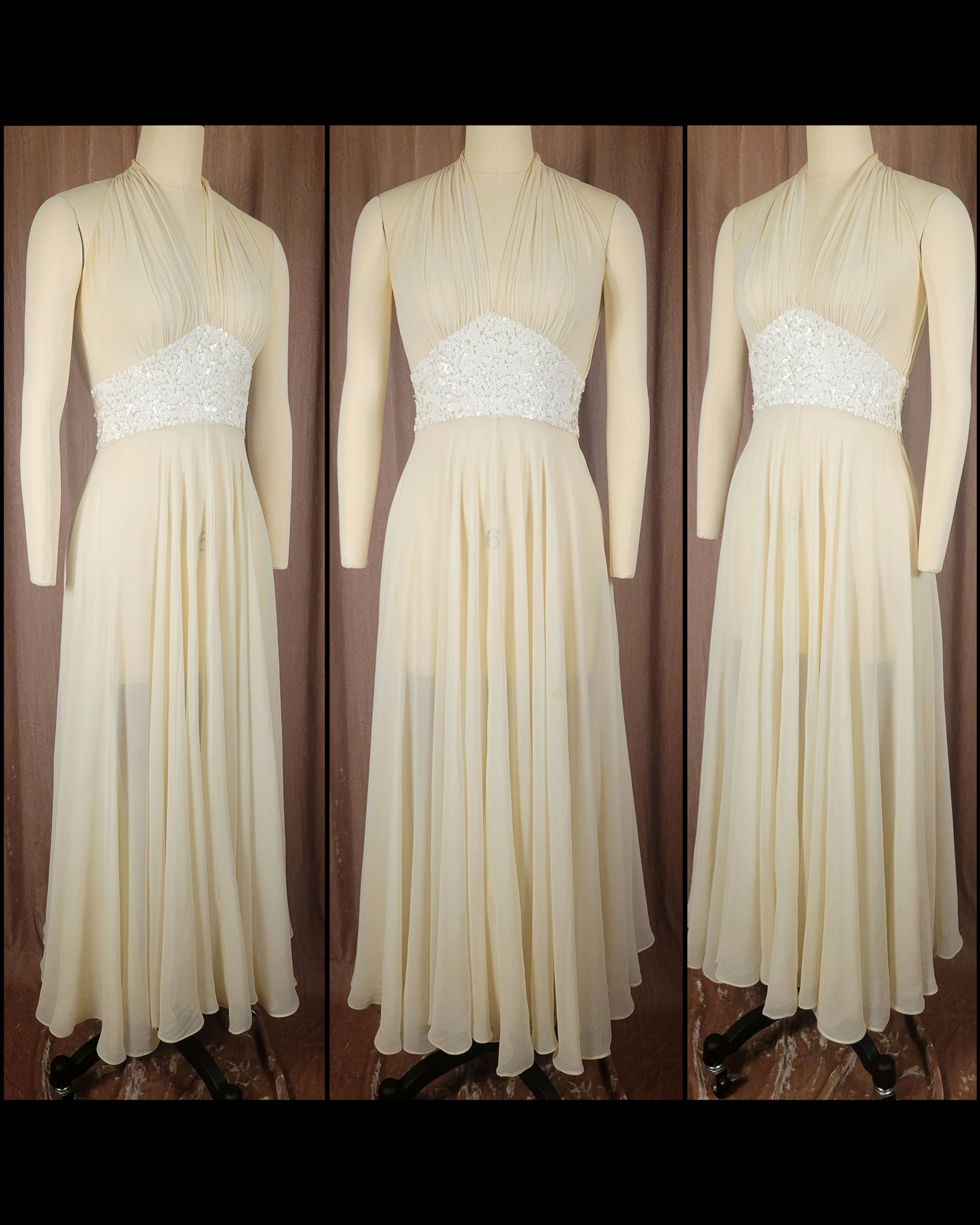 1930s Ivory Chiffon Sequin Halter Gown
