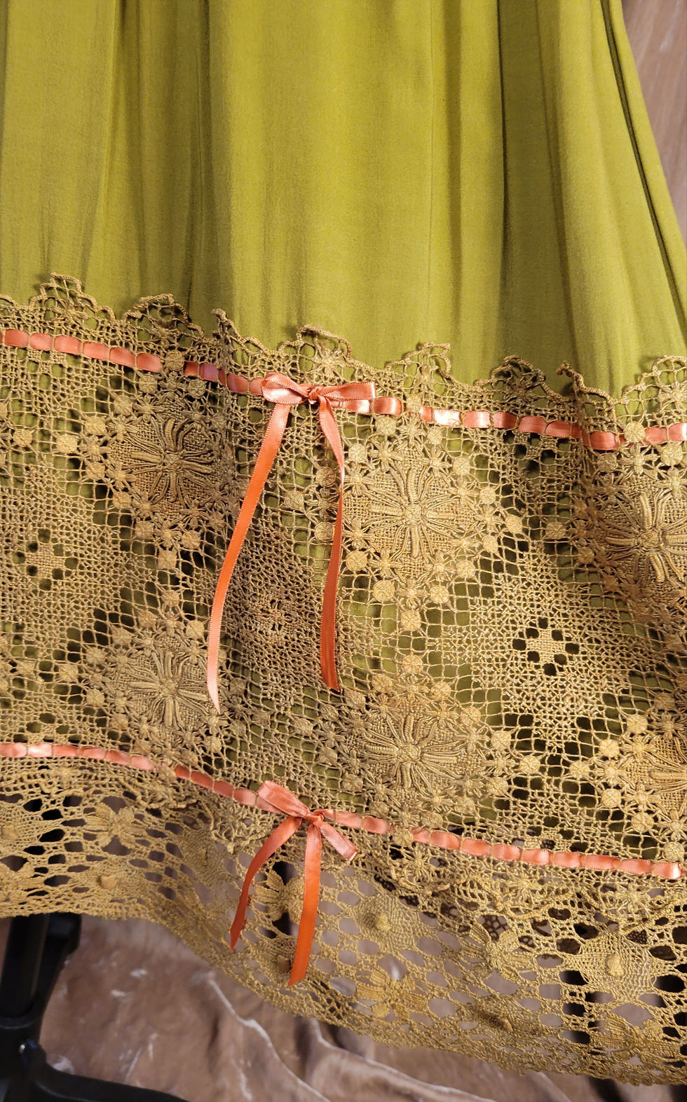 Thumbnail: Avocado Green Chemise Dress With Crochet Yoke 