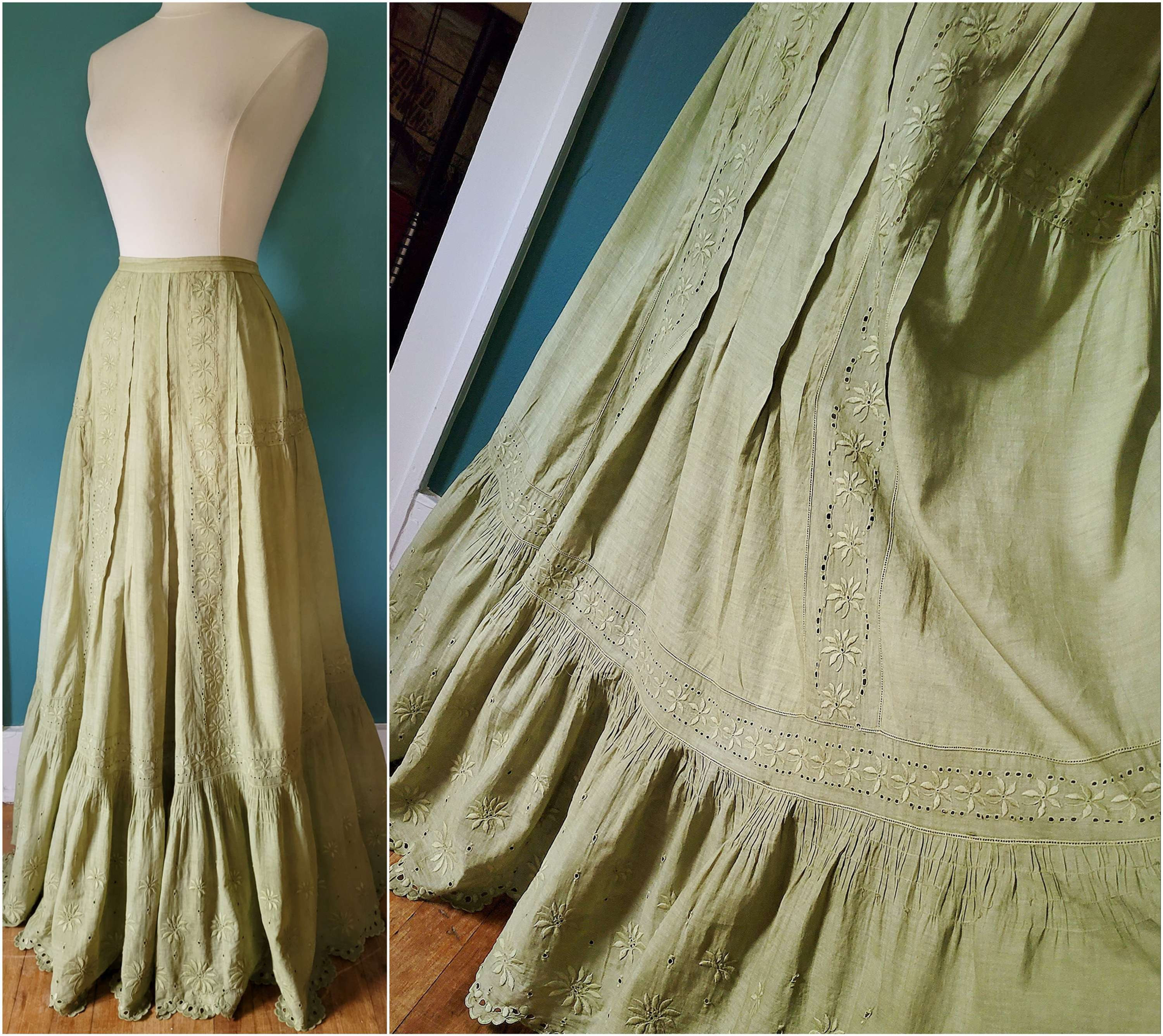 1900s Sage Green Embroidered Cotton Skirt