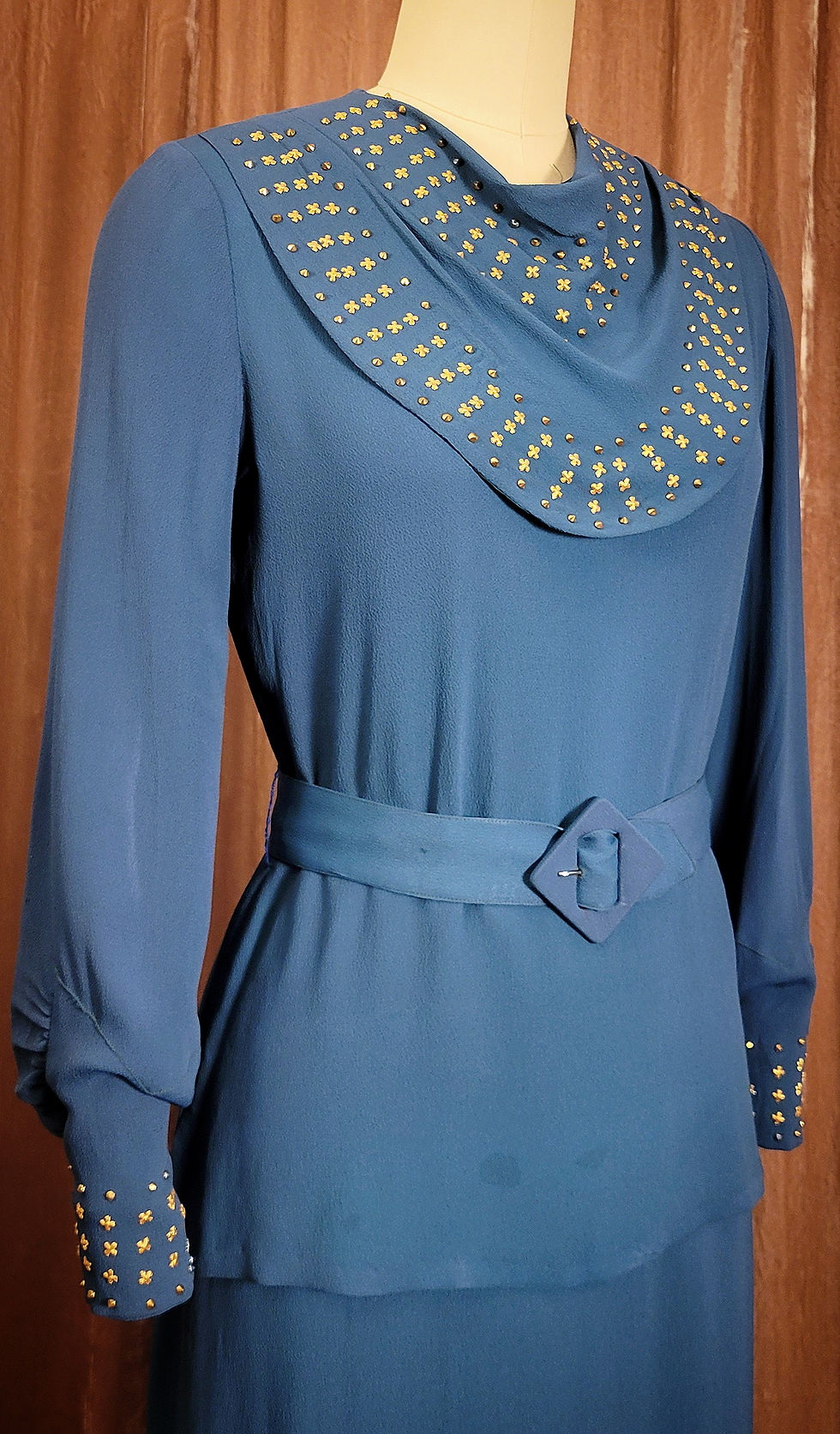 Thumbnail: 1930s Ocean Blue Crepe Gold Studded Dress