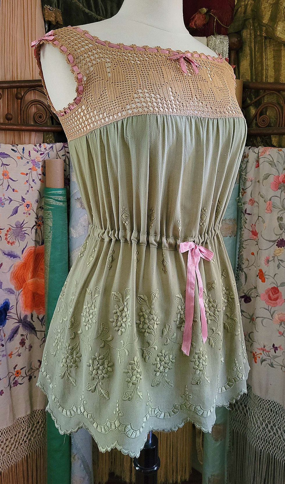Thumbnail: Sage Green Embroidered Chemise With Crochet Yoke 