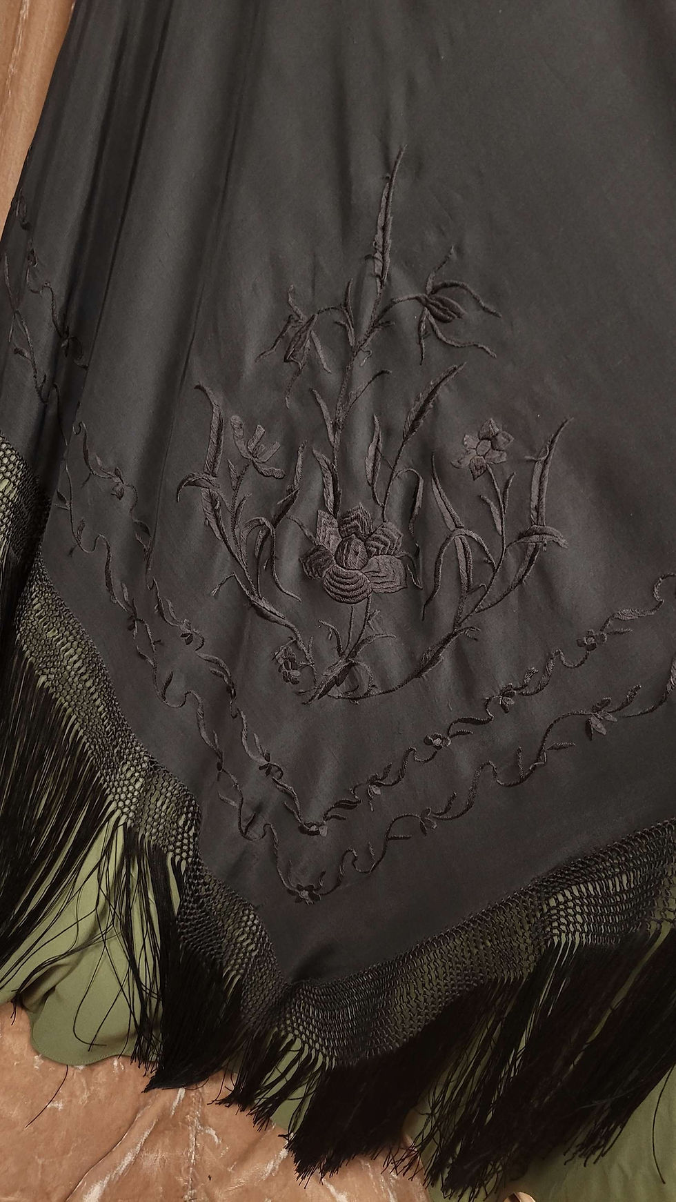 Thumbnail: Black and Dark Sage Fringed Silk Shawl Skirt