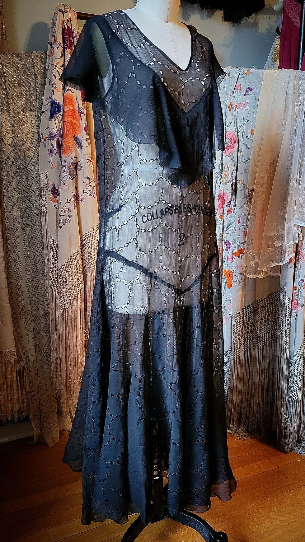 Thumbnail: 1920s Embroidered Eyelet Chiffon Dress 