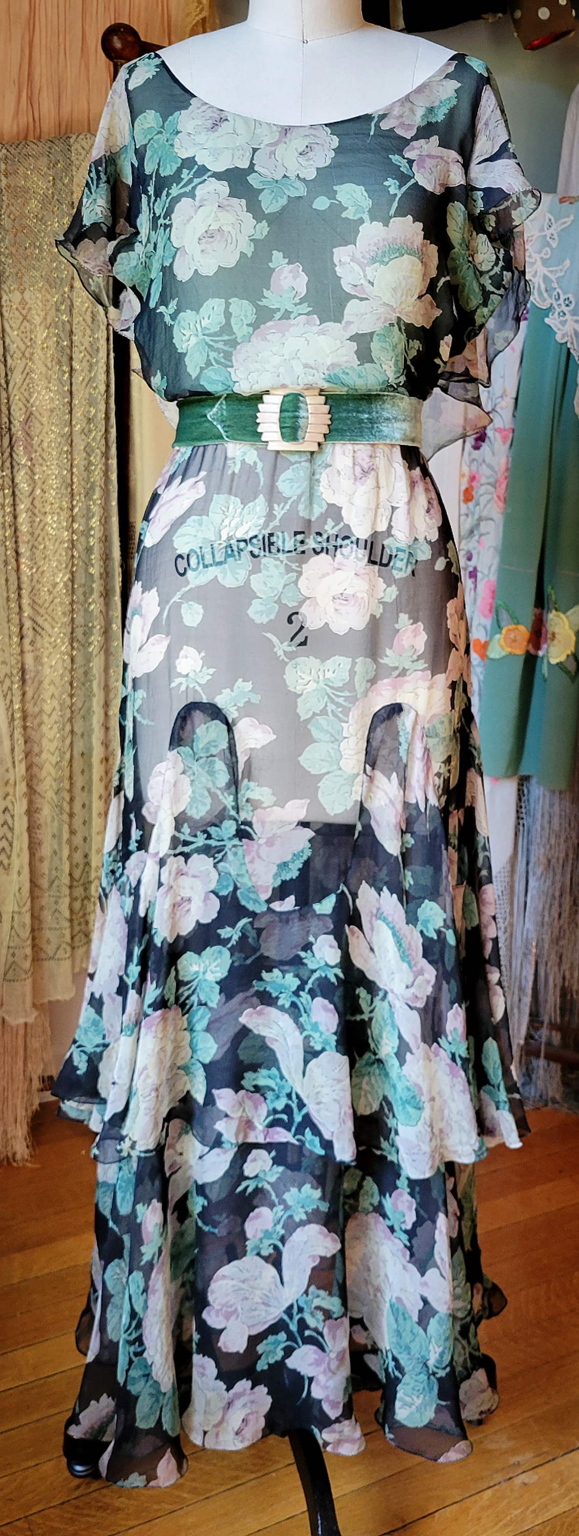 1920s Aqua Floral Printed Chiffon Dress