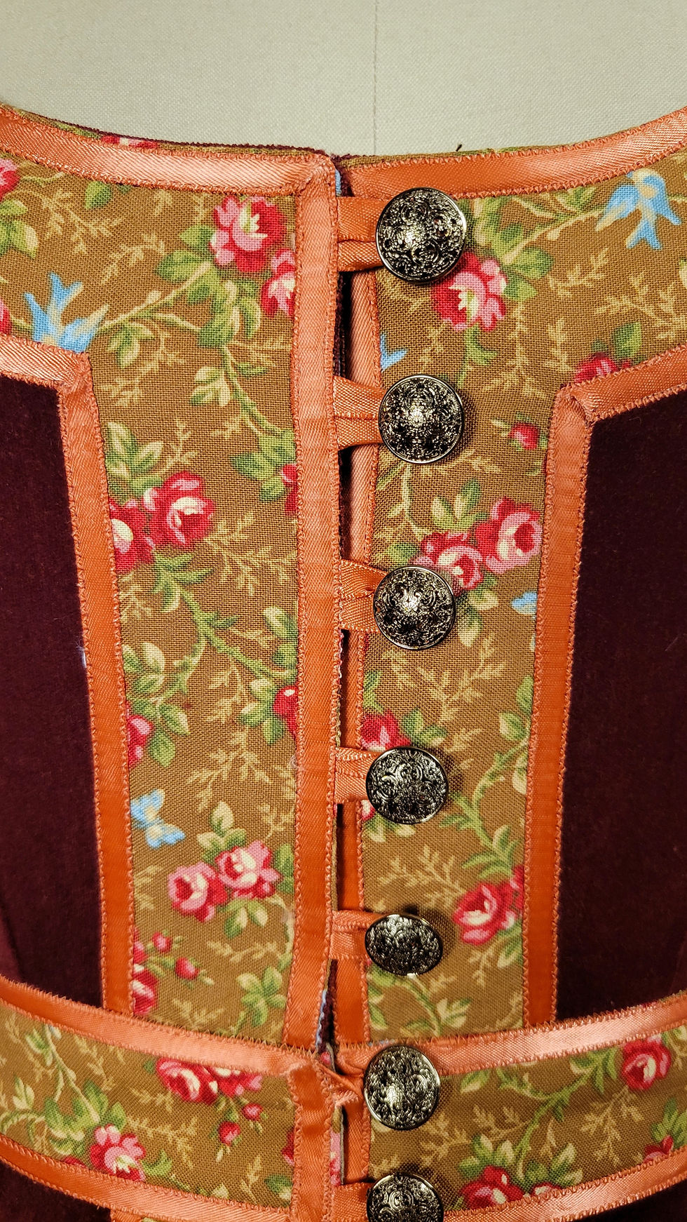 Thumbnail: Wine and Bluebirds Calico Velveteen Peplum Top