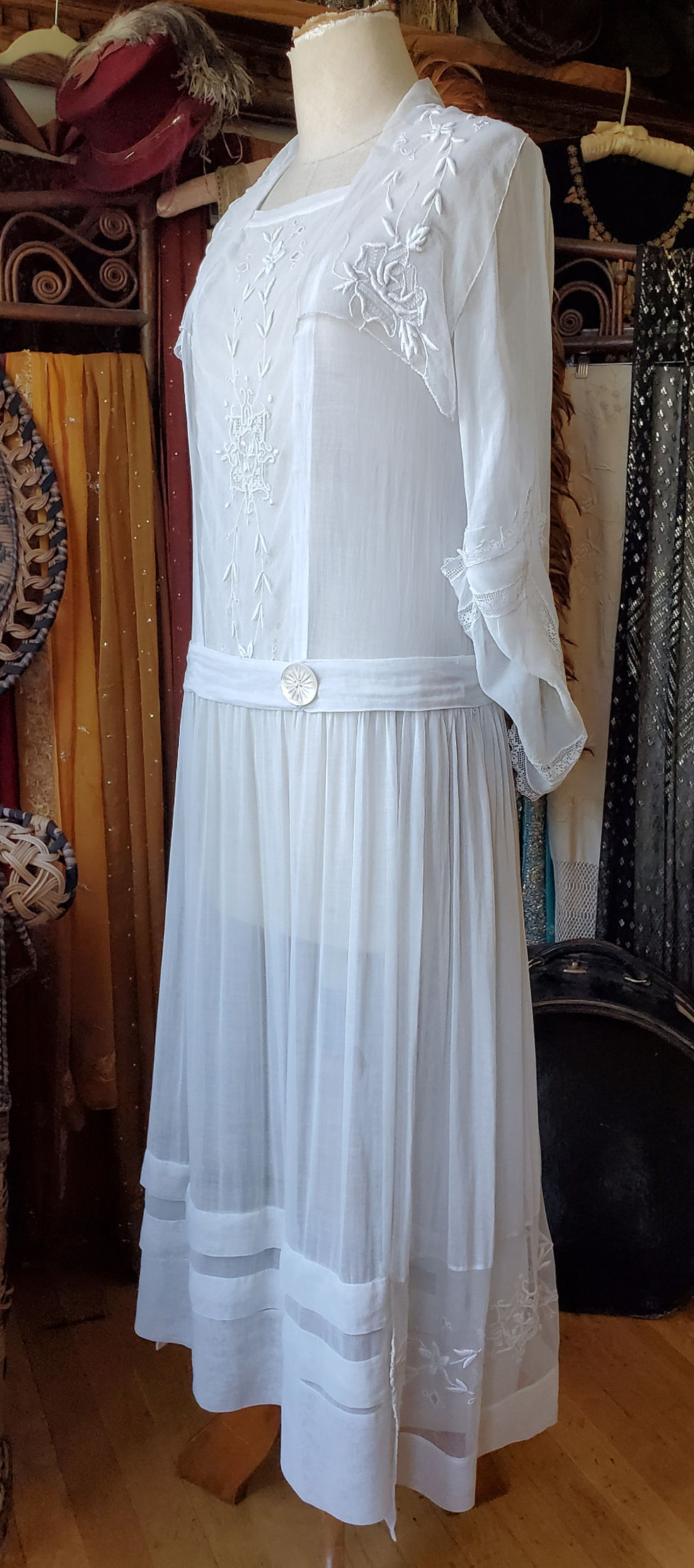 Thumbnail: 1920s White Voile and Embroidered Net Dress