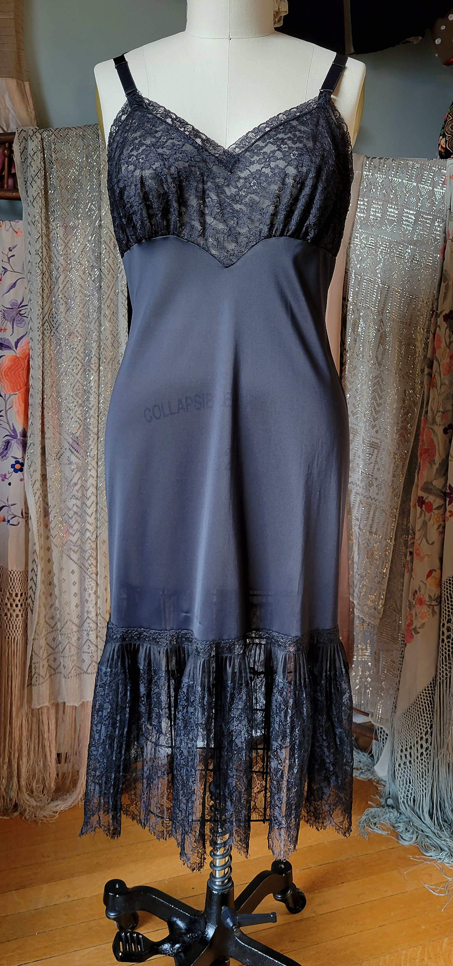 Black Tricot Lace Ruffle Slip