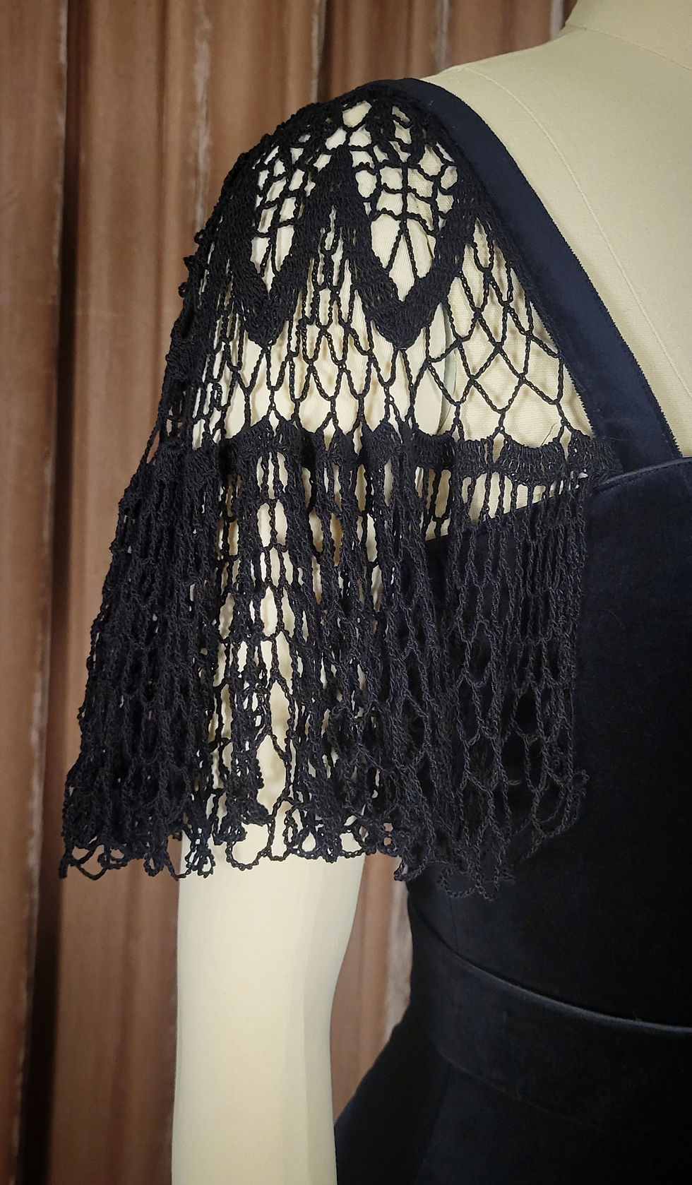 Thumbnail: Black Velveteen and Crochet Gown