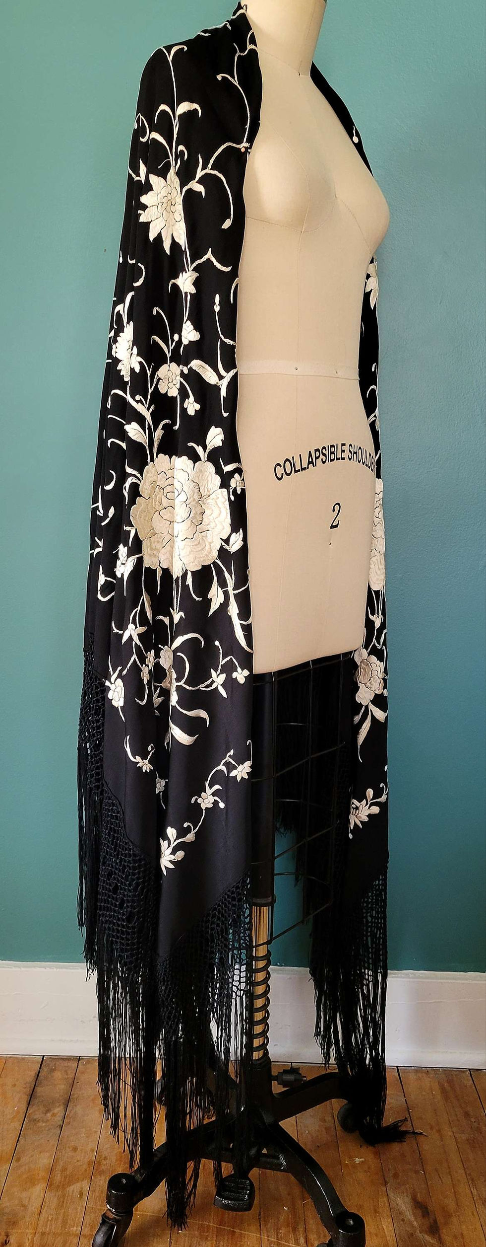 Thumbnail: 1920s White on Black Embroidered Silk Piano Shawl