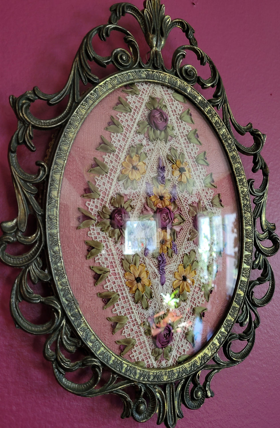 Thumbnail: Late Summer Bouquet on Lace in Brass Frame