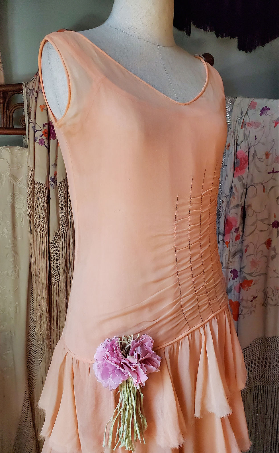 Thumbnail: Peach Chiffon Raw Edge Flounce 1920s Dress 